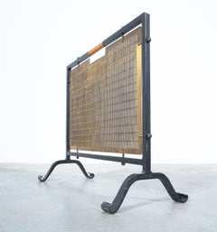 Fire Screen from Forged Wrought Iron Brass and Rattan Handle, France, circa 1950