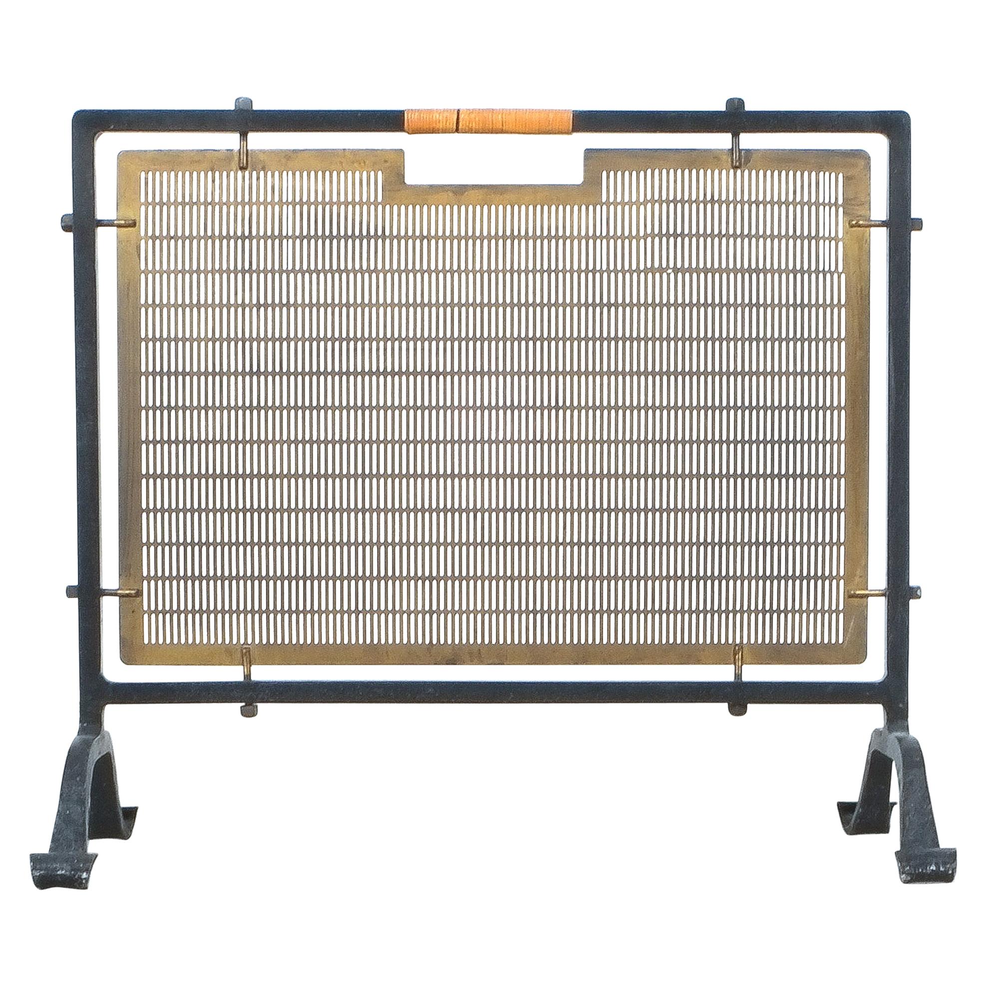 Fire Screen from Forged Wrought Iron Brass and Rattan Handle, France, circa 1950