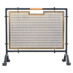 Vintage Fire Screen from Forged Wrought Iron Brass and Rattan Handle, France, circa 1950