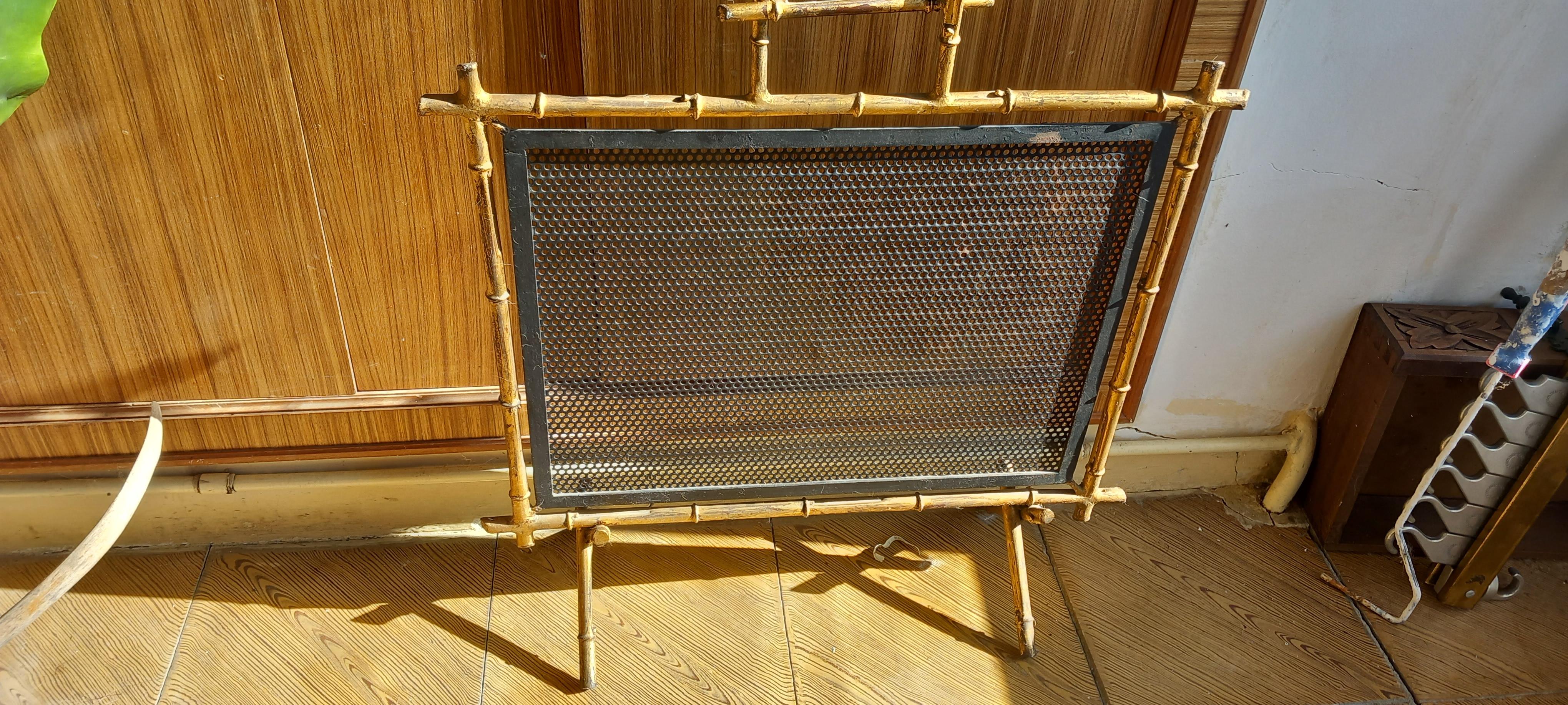 Fire Screen Hollywood Regency  Iron and Gold Leaf Faux Bamboo  Mid 20th Century For Sale 6