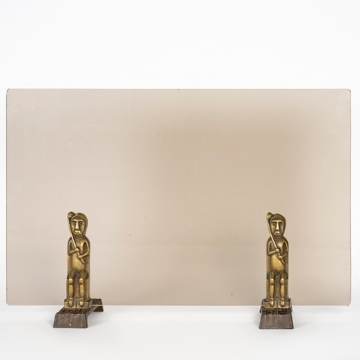 French Fire Screen in Bronze and Tinted Glass Plate, Tribal Art. For Sale