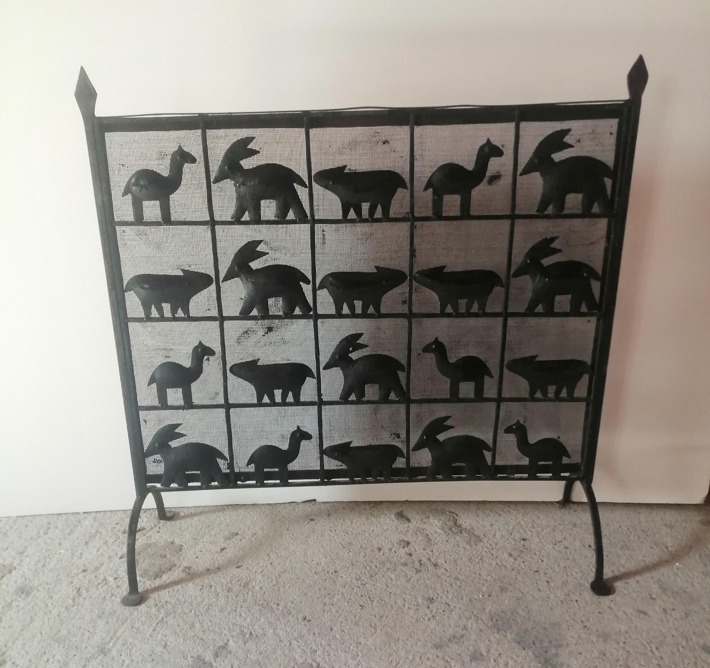 Fire Screen Iron Farm Animals Handmade Spain, Early 20th Century 3