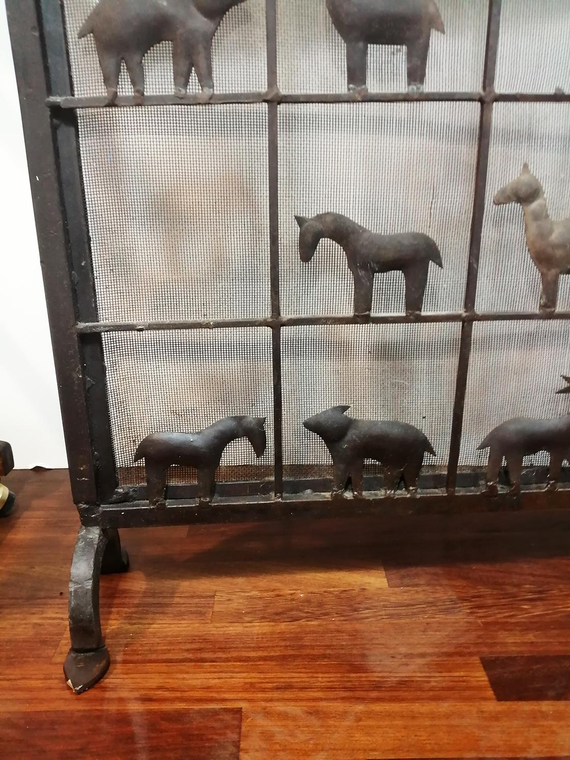 Rustic Fire Screen Iron Farm Animals Handmade Spain, Early 20th Century