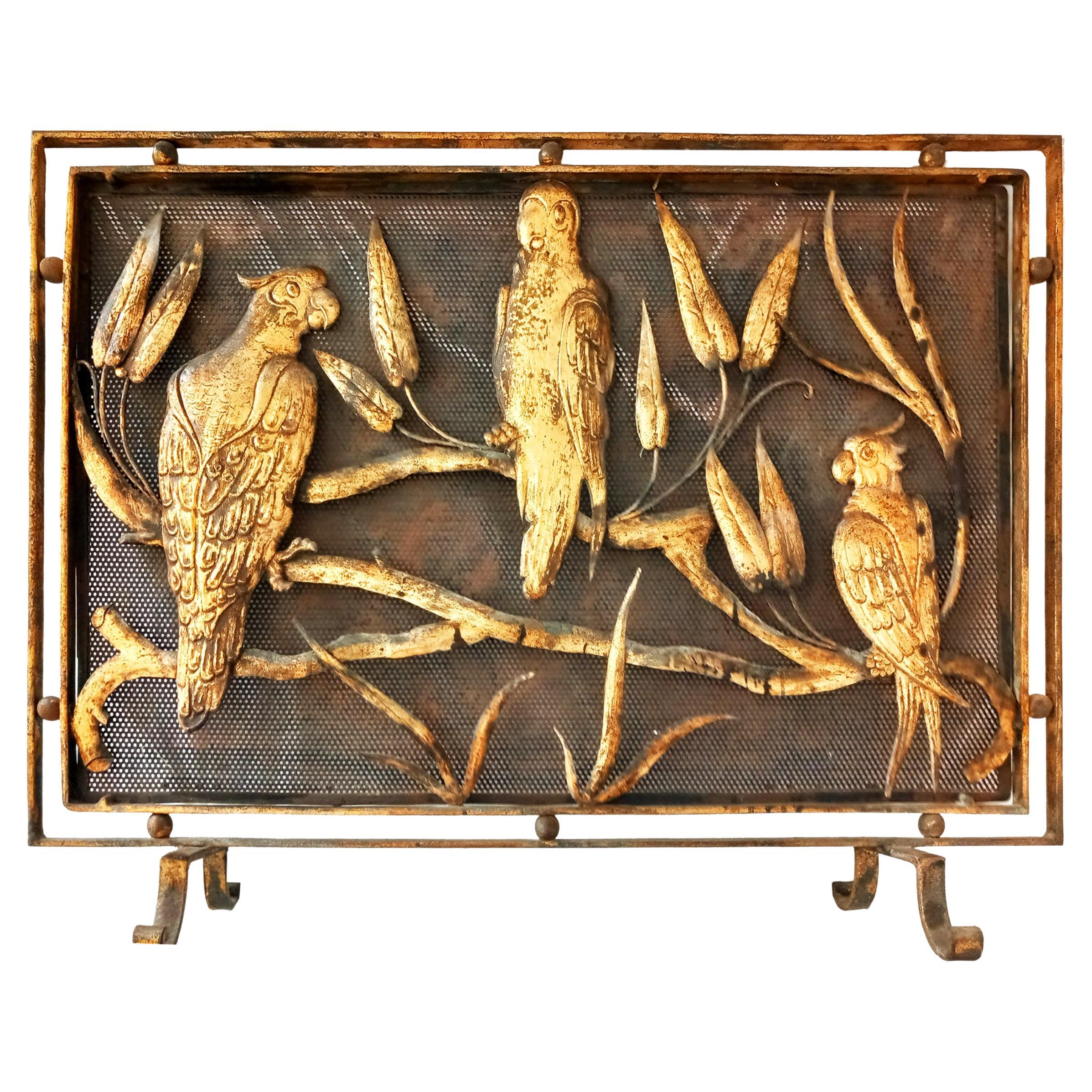 Fire Screen Wrought Iron Whit Parrots The Jungle Exotic, Spain 19th/18th Century