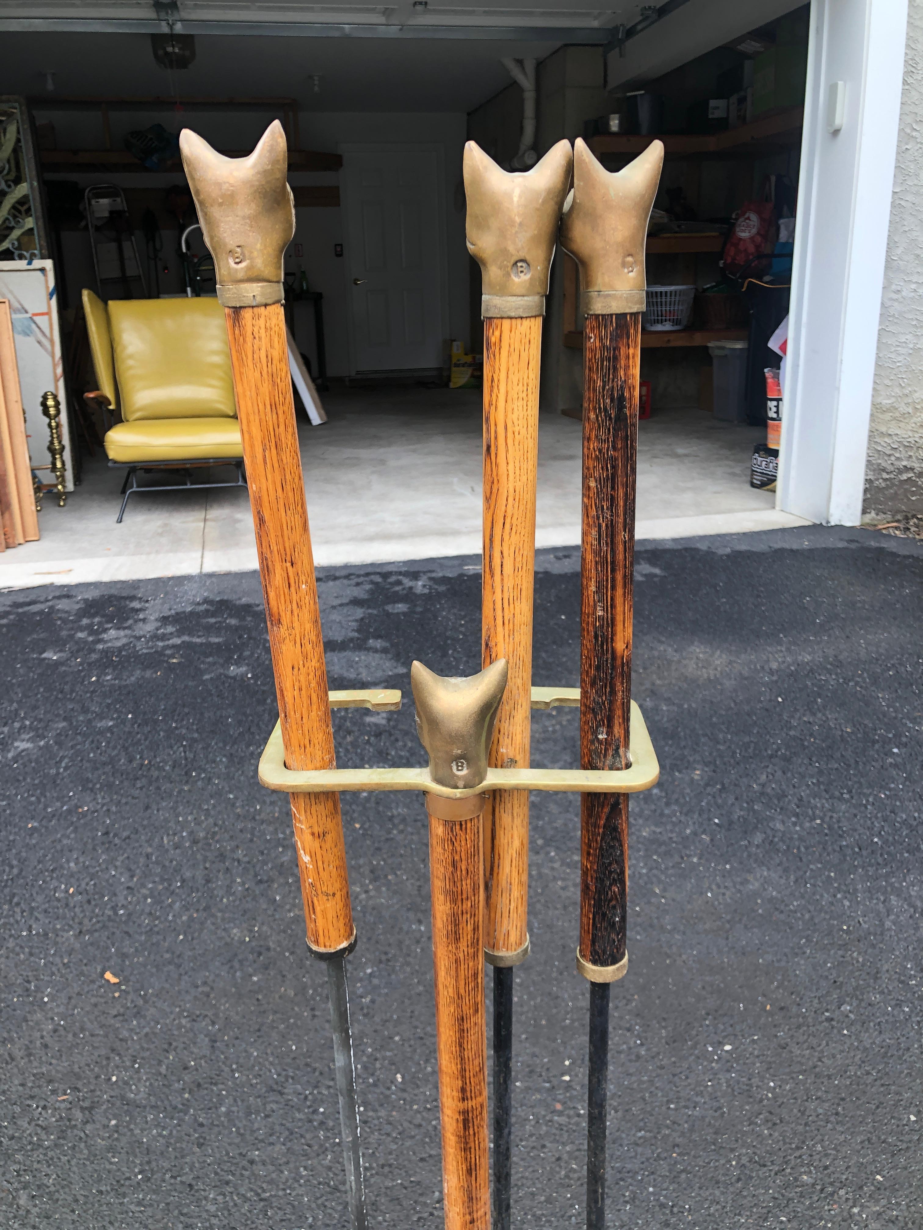 Fire Tool Set Bronze Fox Head Rosewood Handles and Stand For Sale 1