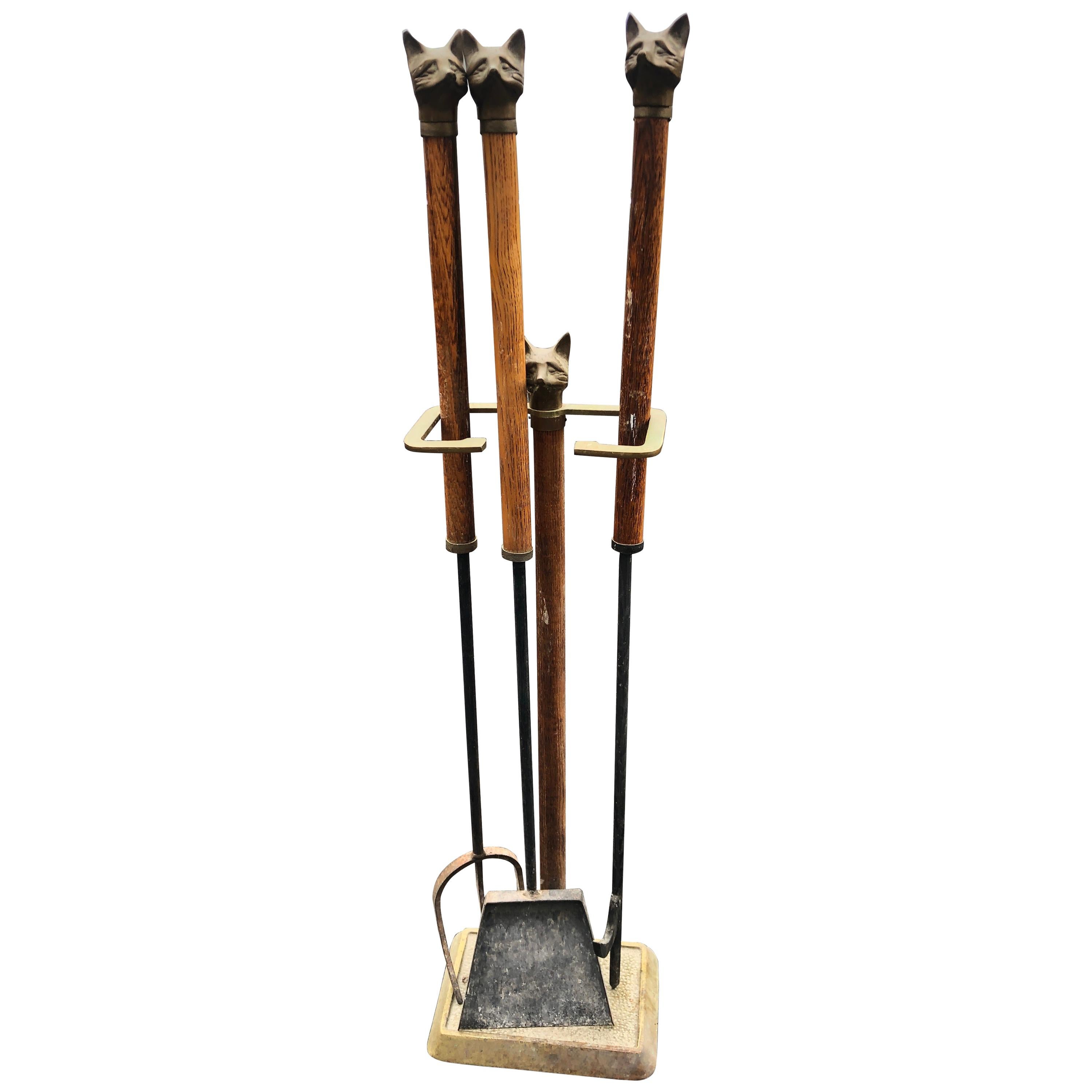Fire Tool Set Bronze Fox Head Rosewood Handles and Stand For Sale