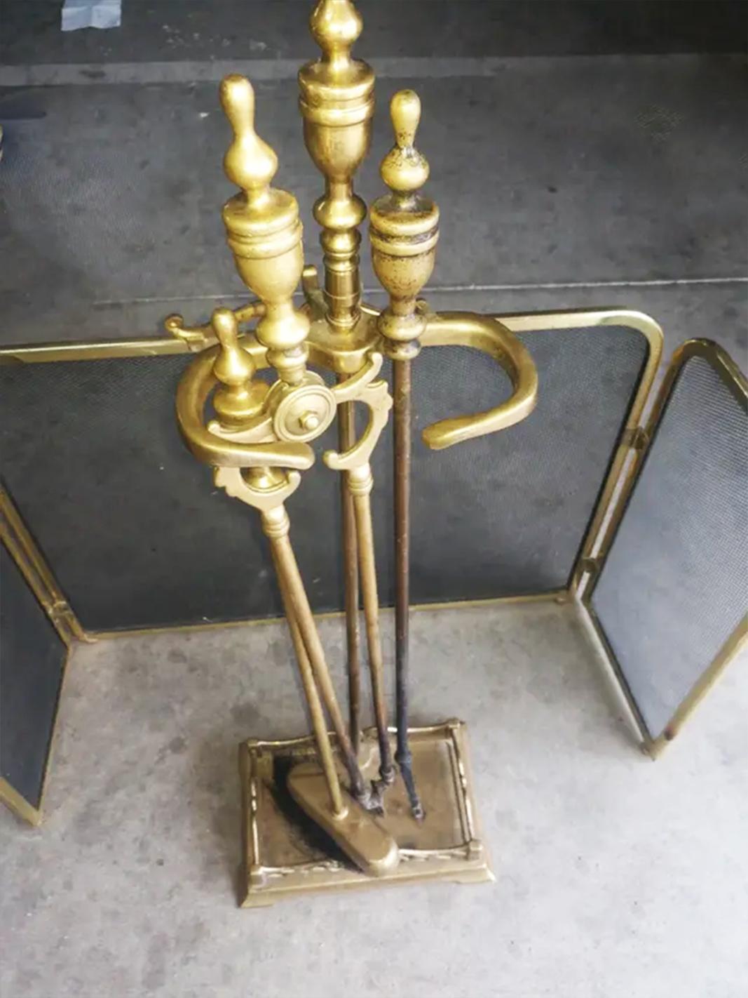 Fire Tools and Screen Brass or Bronze Modernist, France, 20th Century 8