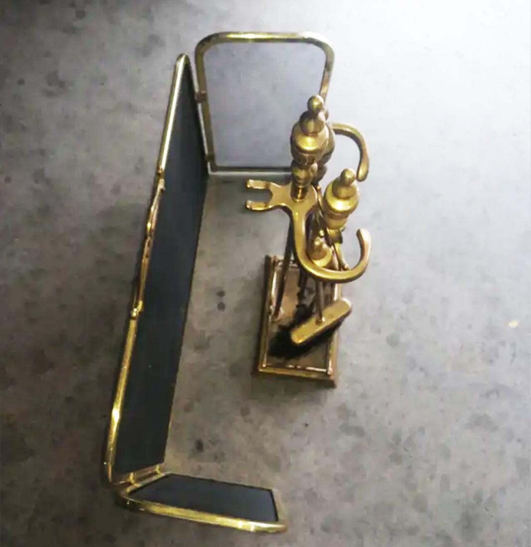 Fire Tools and Screen Brass or Bronze Modernist, France, 20th Century 9
