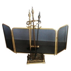 Antique Fire Tools and Screen Brass or Bronze Modernist, France, 20th Century