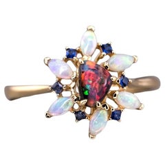 Fire Works Design Boulder Opal Sapphire Engagement Ring 18K Yellow Gold