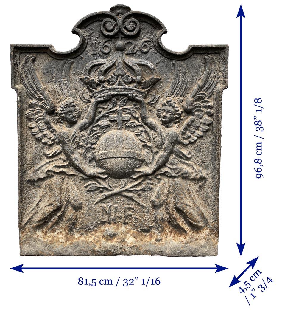 Fireback Dated 1626 Representing a Cruciferous Orb Framed by Two Angels For Sale 1