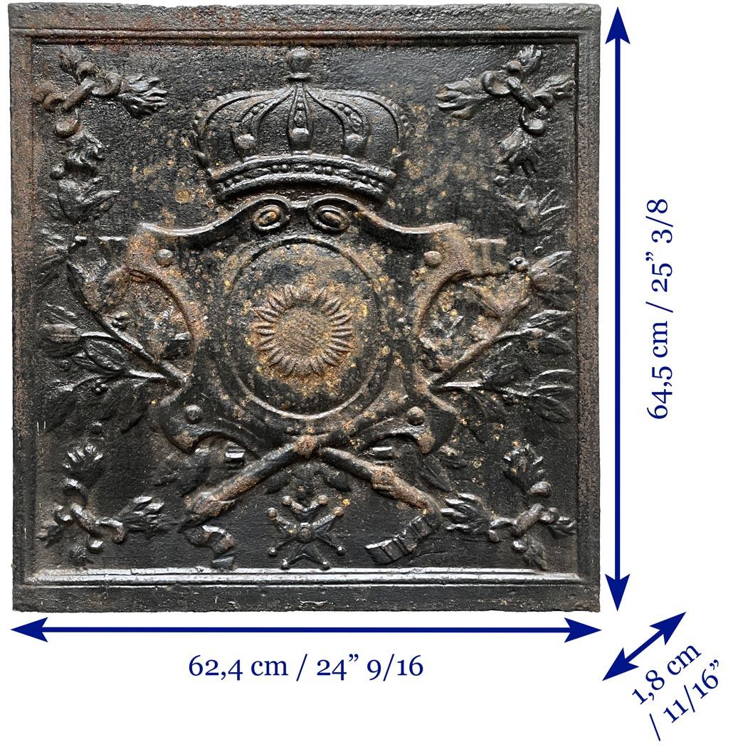 Iron Fireback from the 19th Century with a Shield Decorated with a Sunflower For Sale