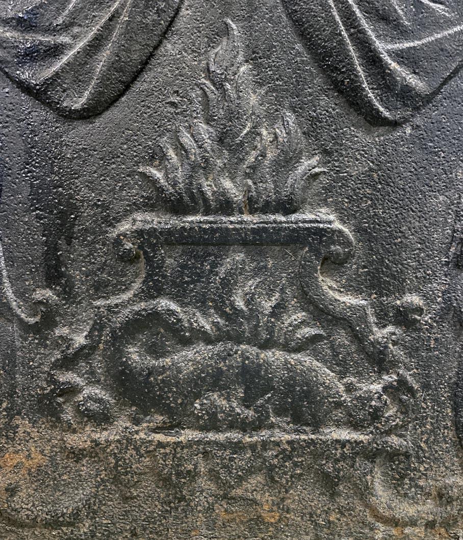 French Fireback with Atlantes Supporting an Entablature with Fire Vases, 18th Century For Sale