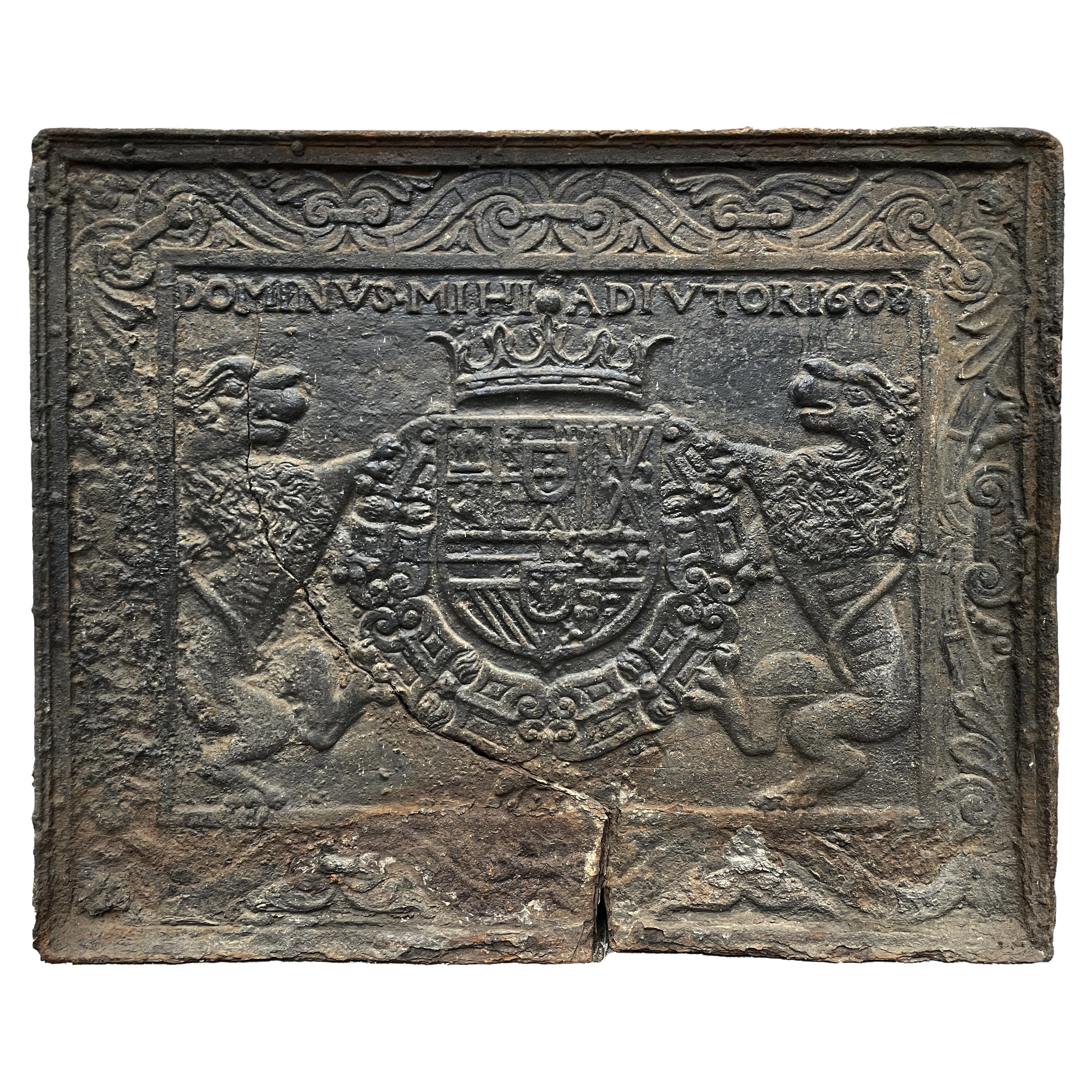 Fireback with the arms of Phillipe II of Spain dated 1608 For Sale