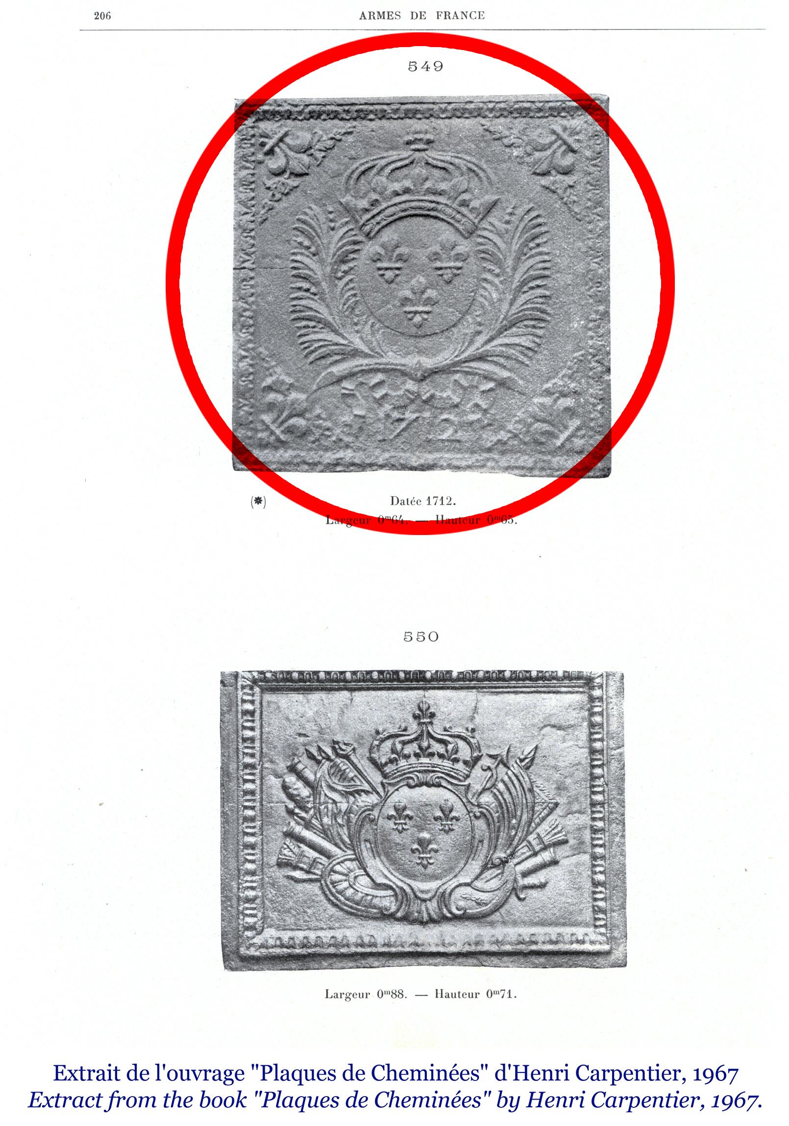Fireback with the coat of arms of France from the 18th century reproduced in the book 
