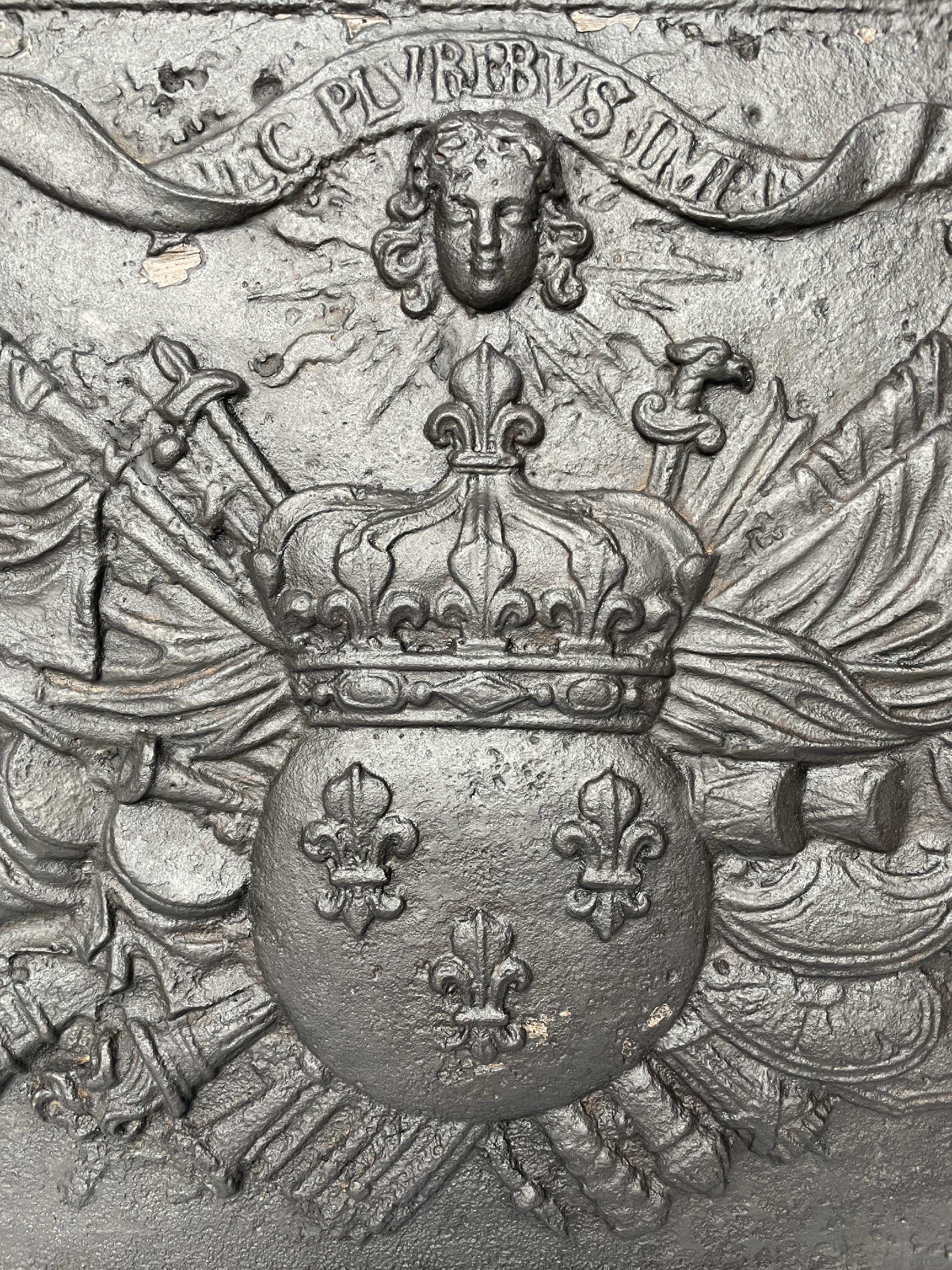 Cast Fireback with the France Coat of Arms and Louis XIV's Mascaron and Motto For Sale