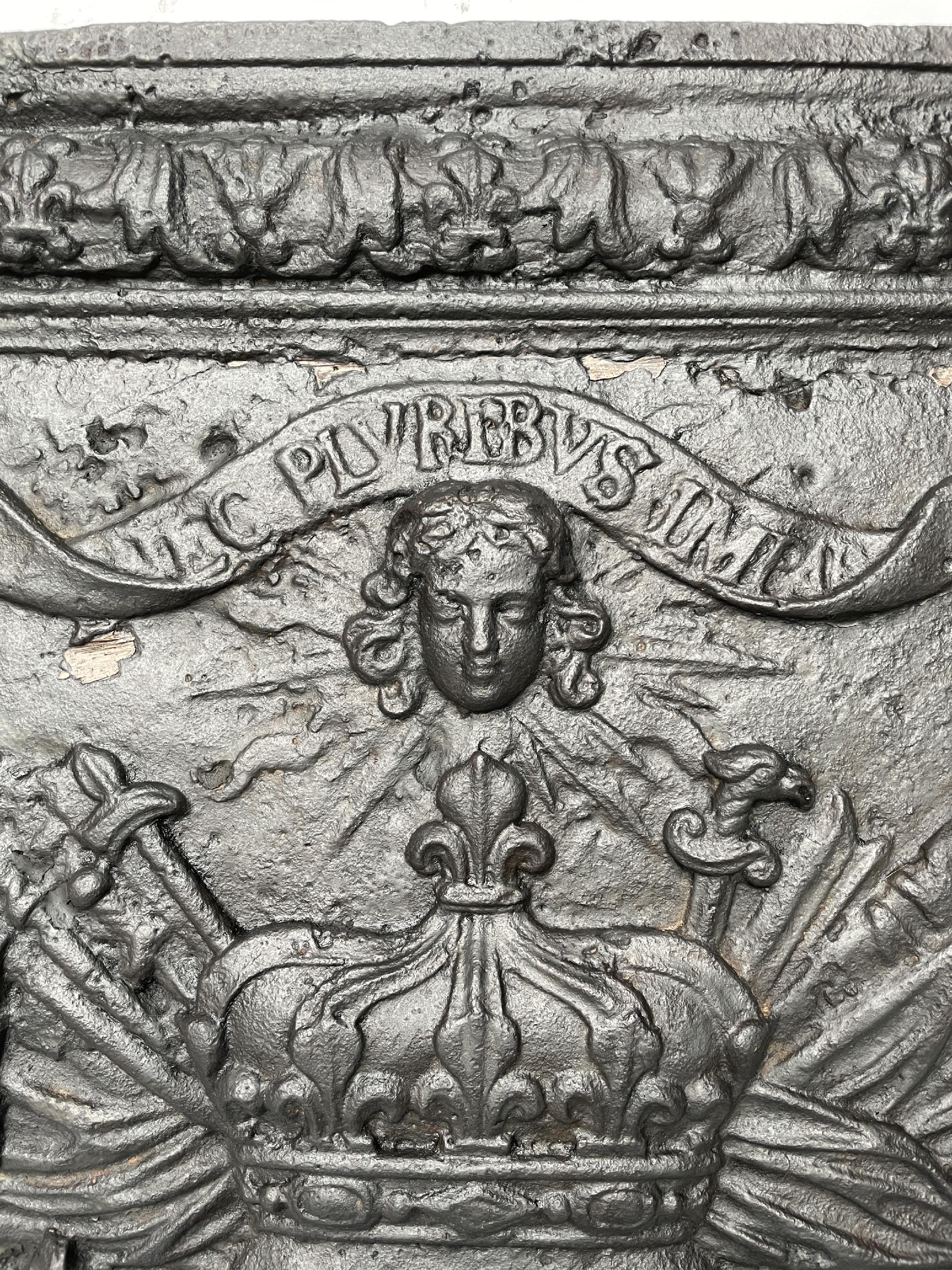 18th Century and Earlier Fireback with the France Coat of Arms and Louis XIV's Mascaron and Motto For Sale