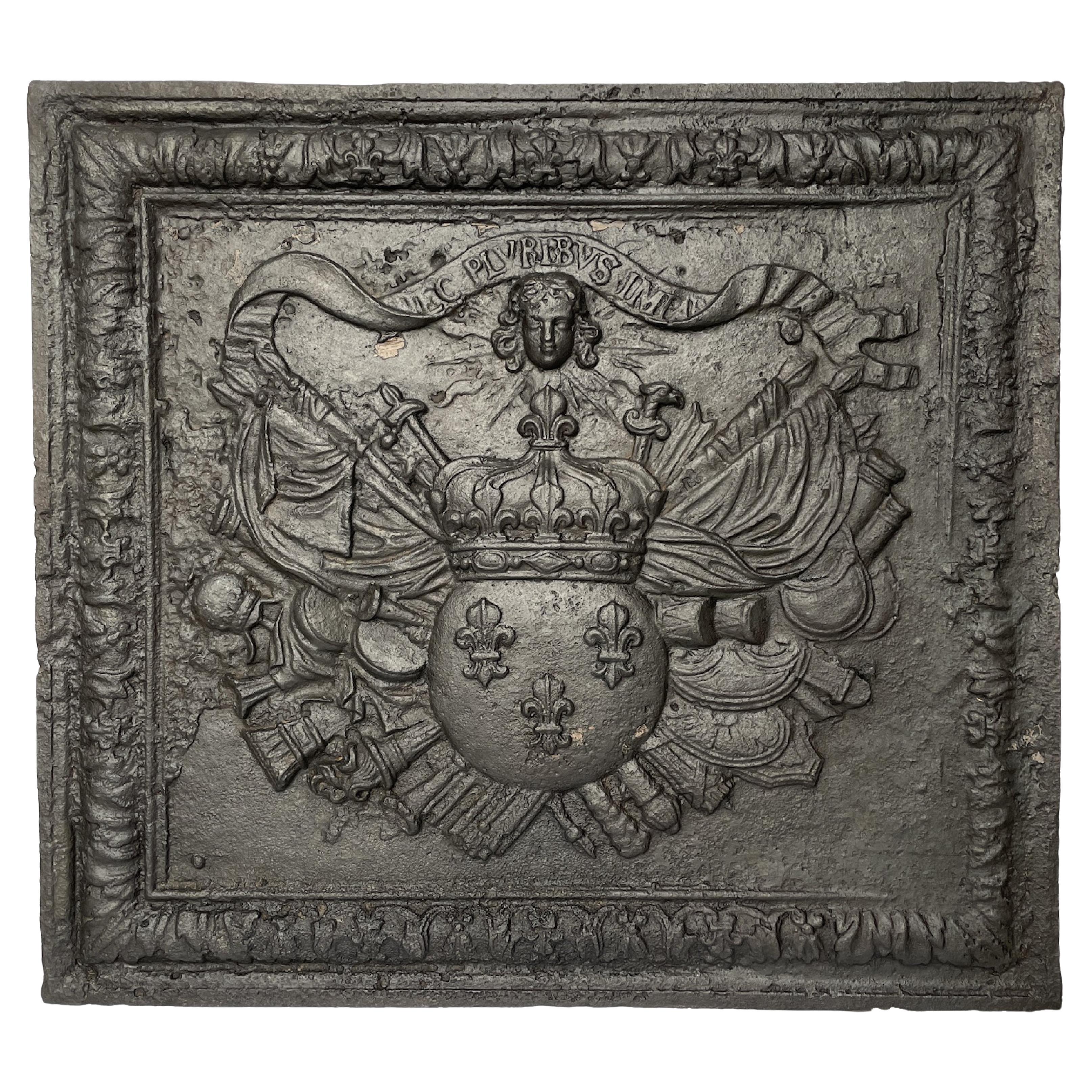 Fireback with the France Coat of Arms and Louis XIV's Mascaron and Motto For Sale