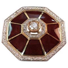 Fired Enamel Diamond 18 Karat White and Yellow Gold Pendant or Brooch Fired Enamel Diamond 18 Karat White and Yellow Gold Pendant or Brooch