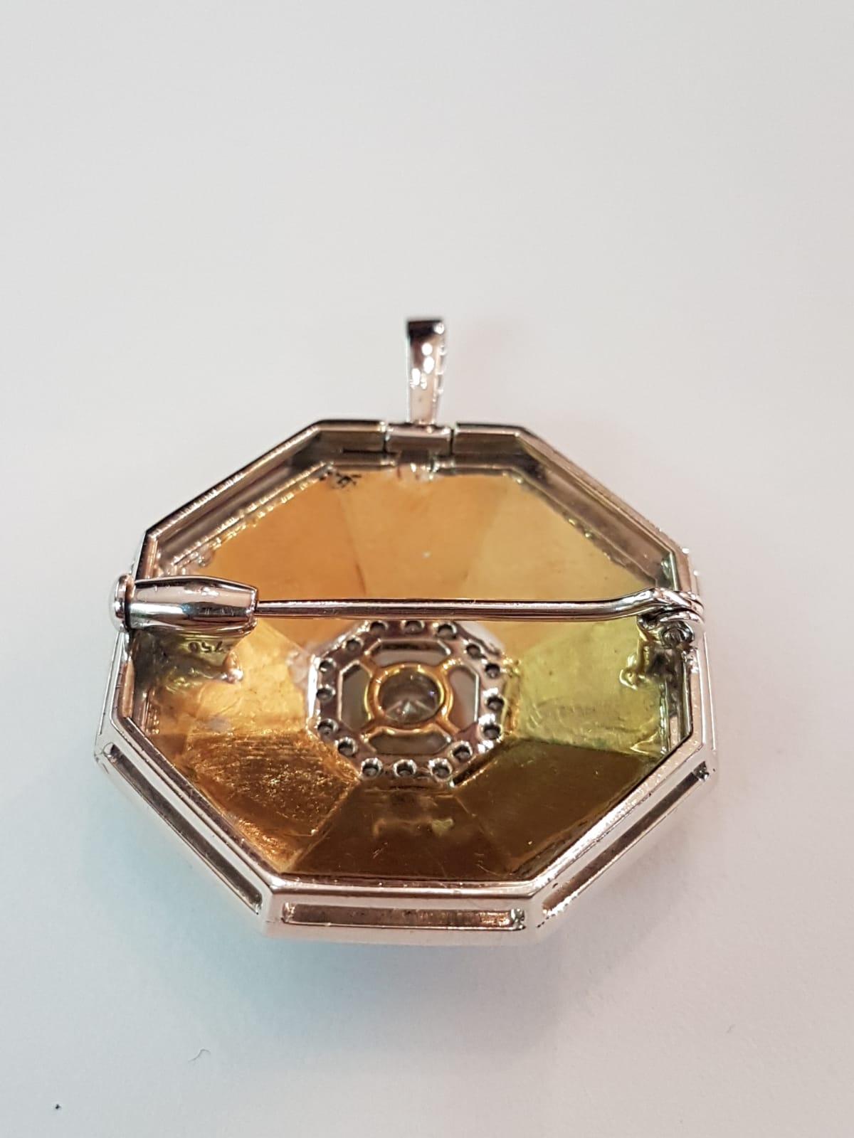 Contemporary Fired Enamel Diamond 18 Karat White and Yellow Gold Pendant or Brooch For Sale