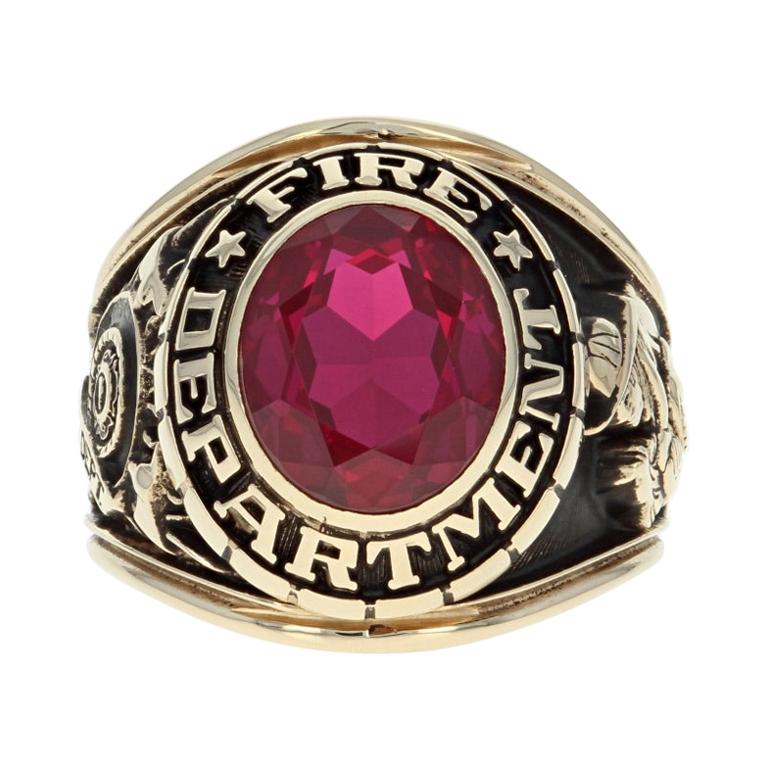 Firefighter's Ring, 10 Karat Yellow Gold Fire Department Synthetic Ruby