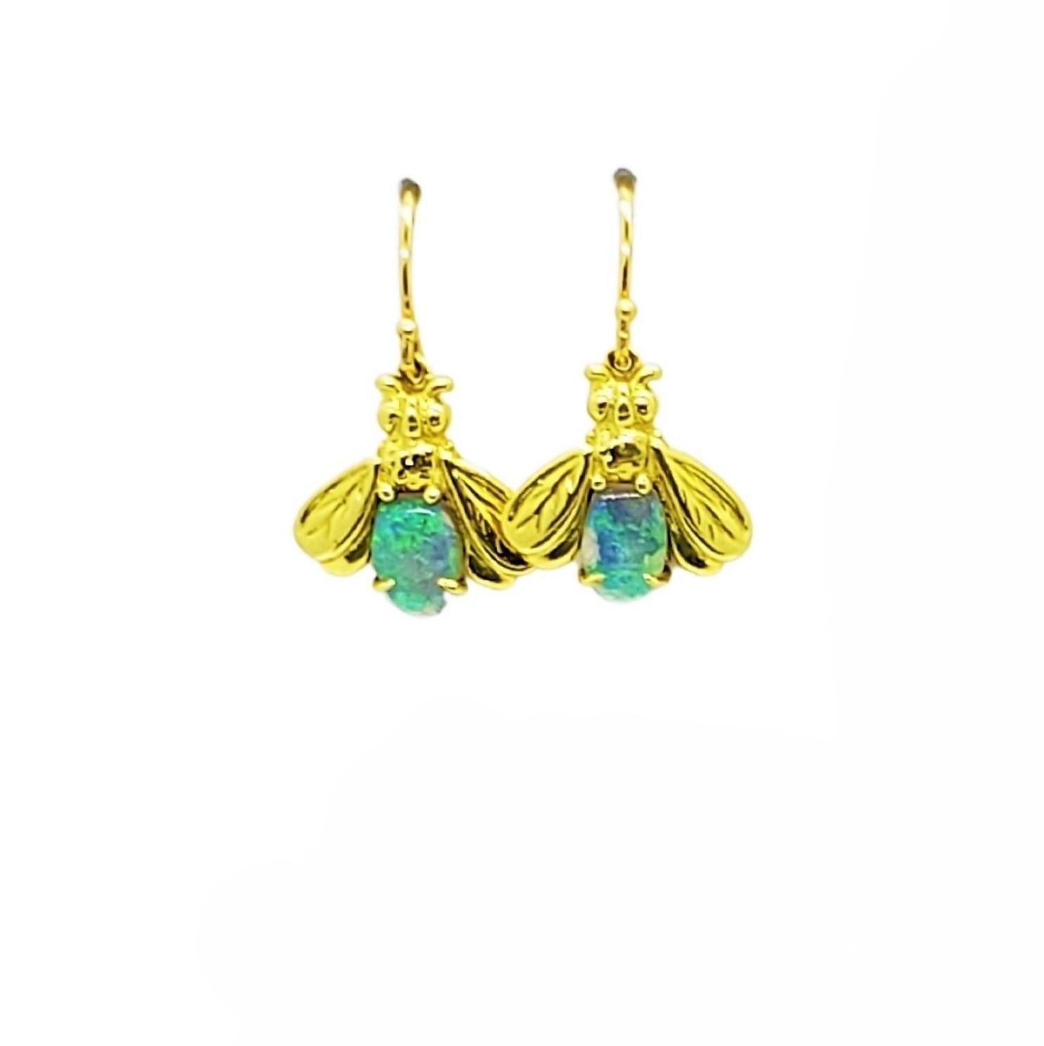 Art Nouveau Firefly Australian Opal Dangle Earrings in 18K Gold For Sale