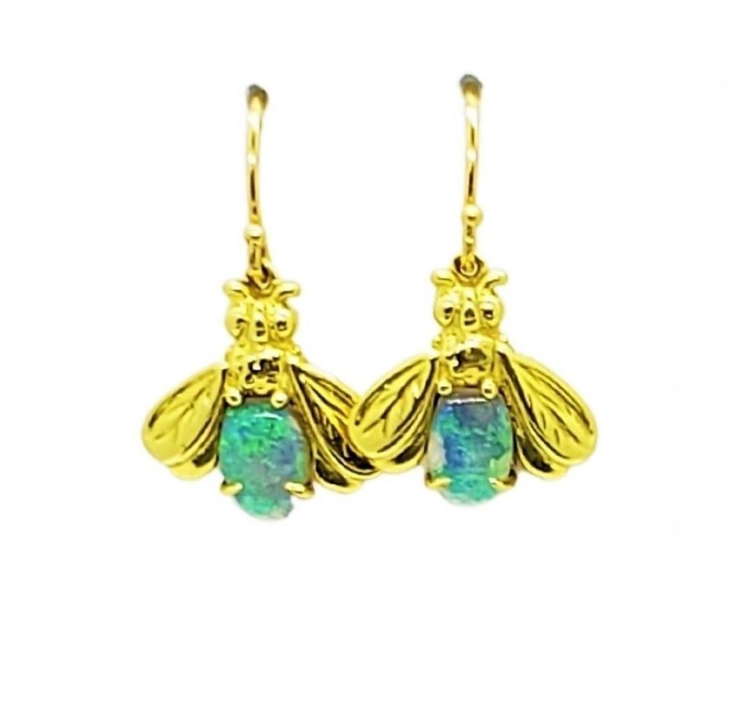 Cabochon Firefly Australian Opal Dangle Earrings in 18K Gold For Sale