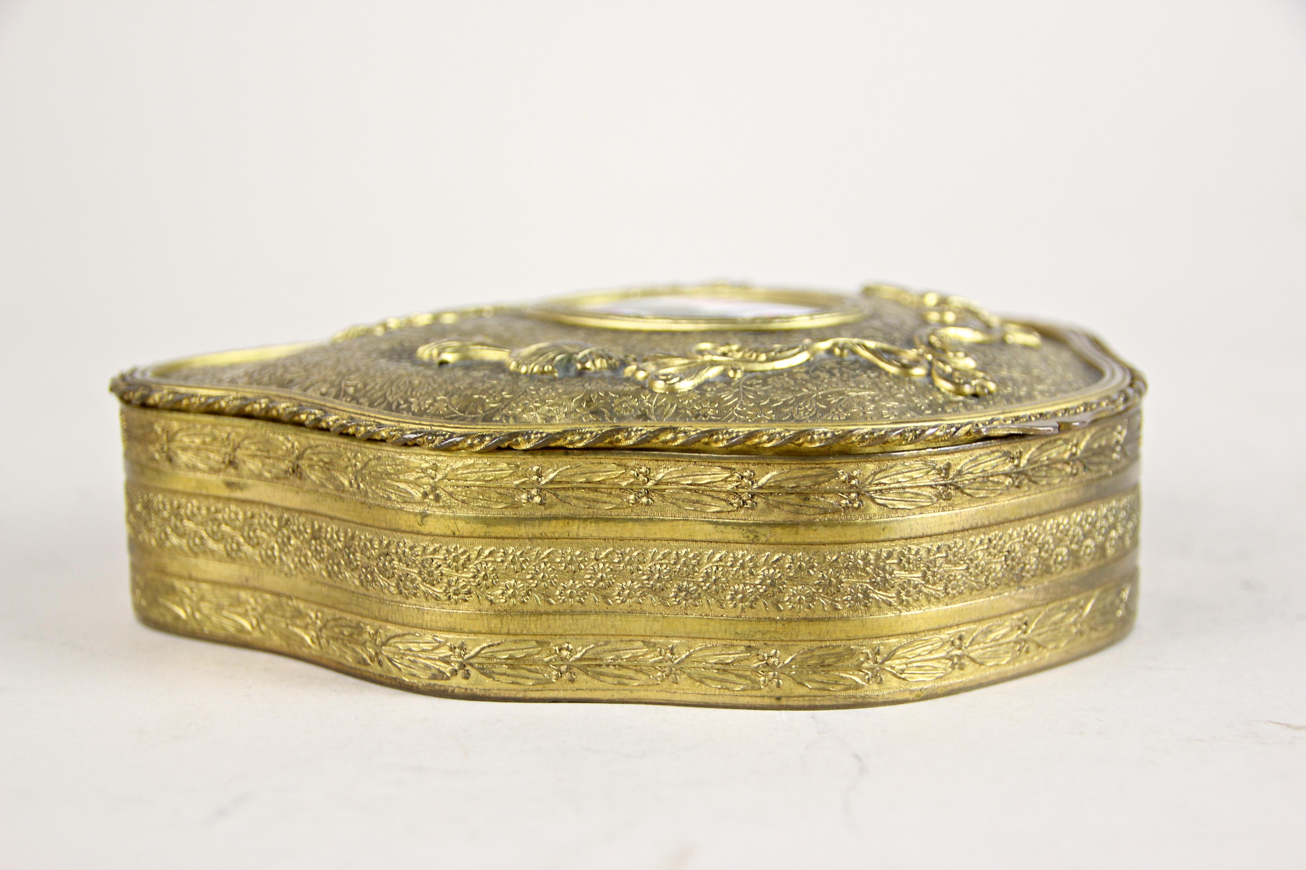 Biedermeier Firegilt Brass Jewelry Box with Porcelain Picture, Austria, circa 1860