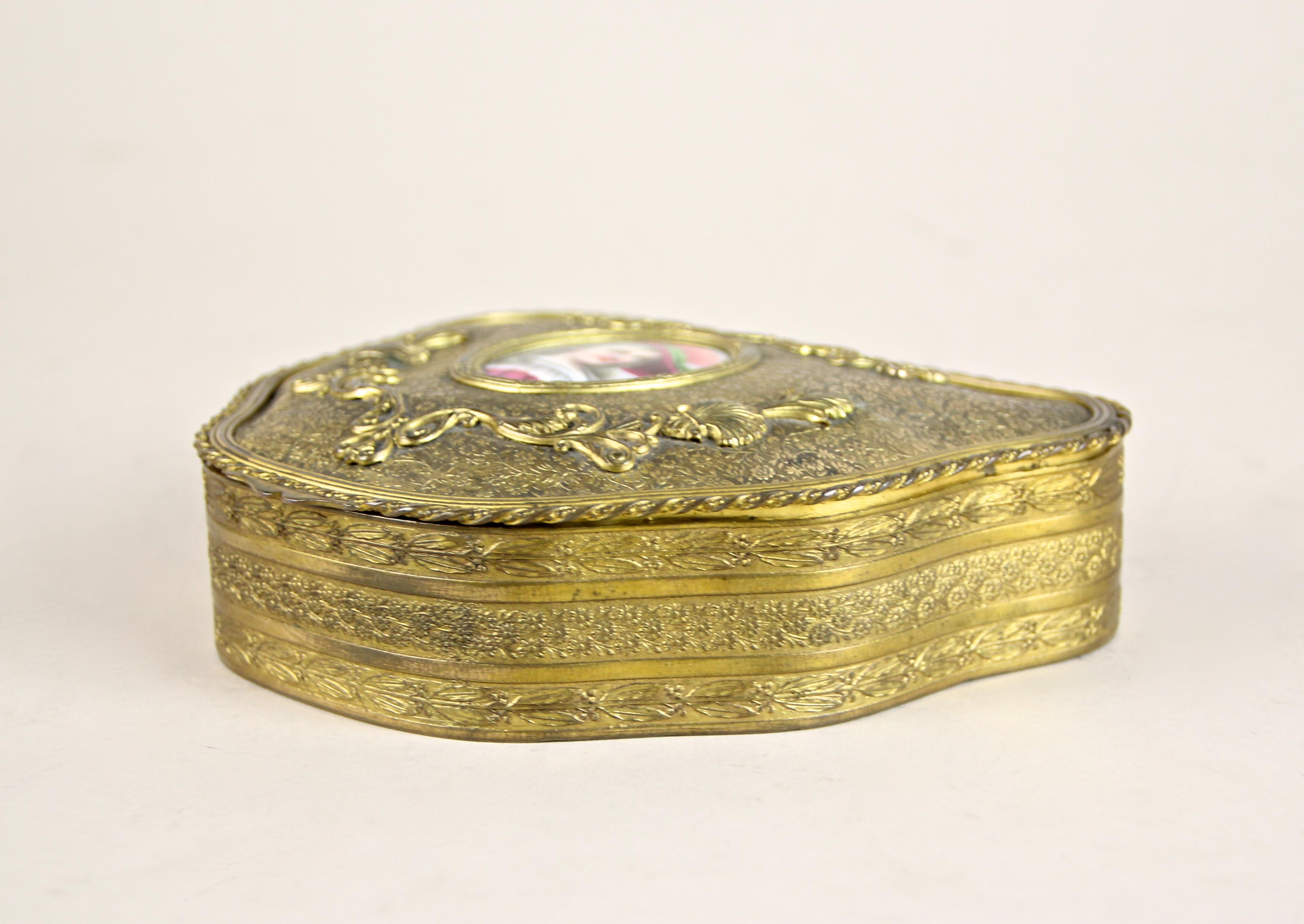 Austrian Firegilt Brass Jewelry Box with Porcelain Picture, Austria, circa 1860