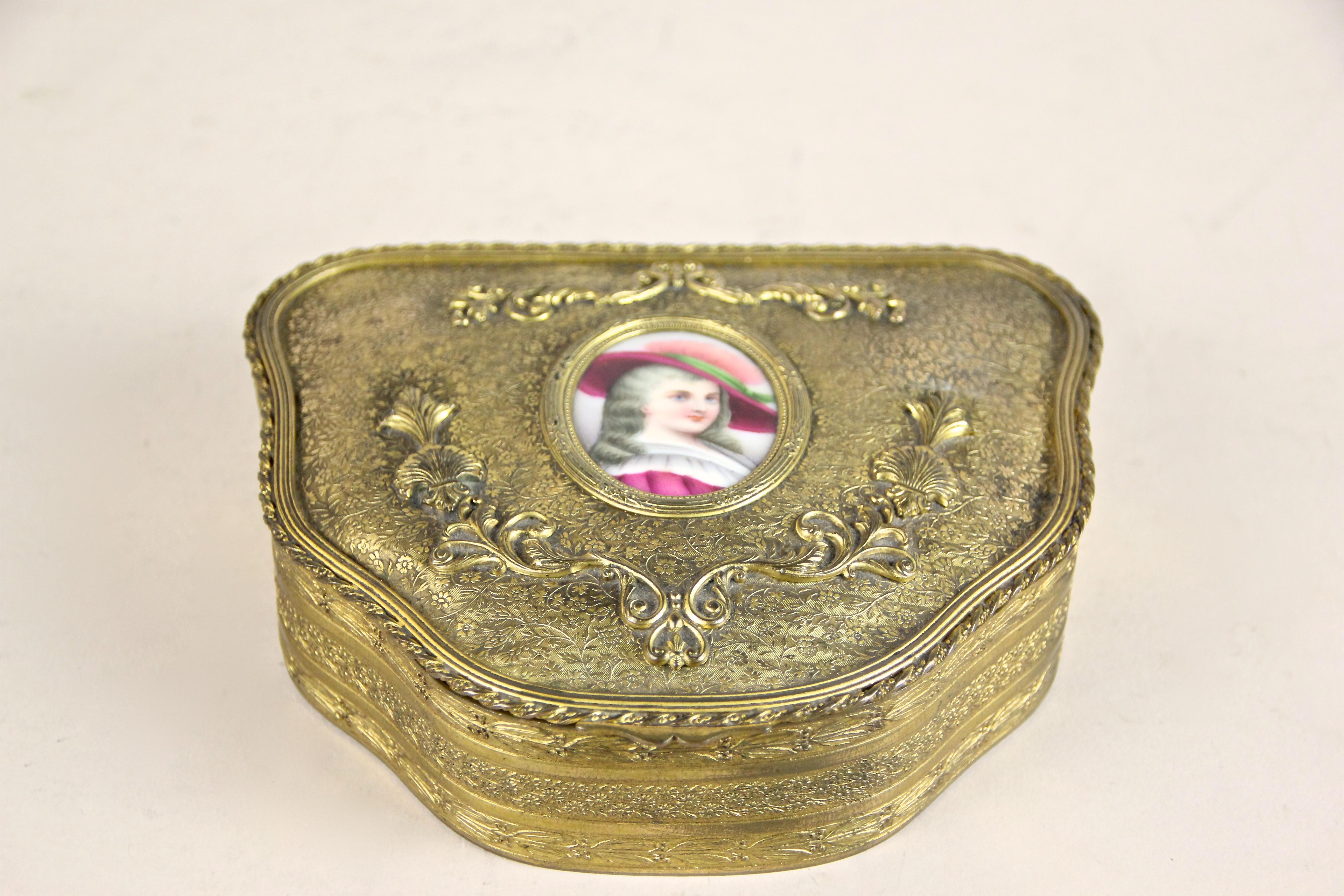 19th Century Firegilt Brass Jewelry Box with Porcelain Picture, Austria, circa 1860