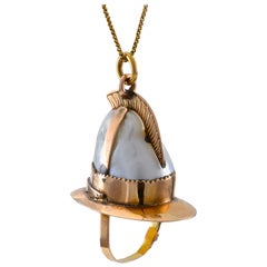 Firemans Helmet Pendant / Fob with Large Natural Pearl and Gold