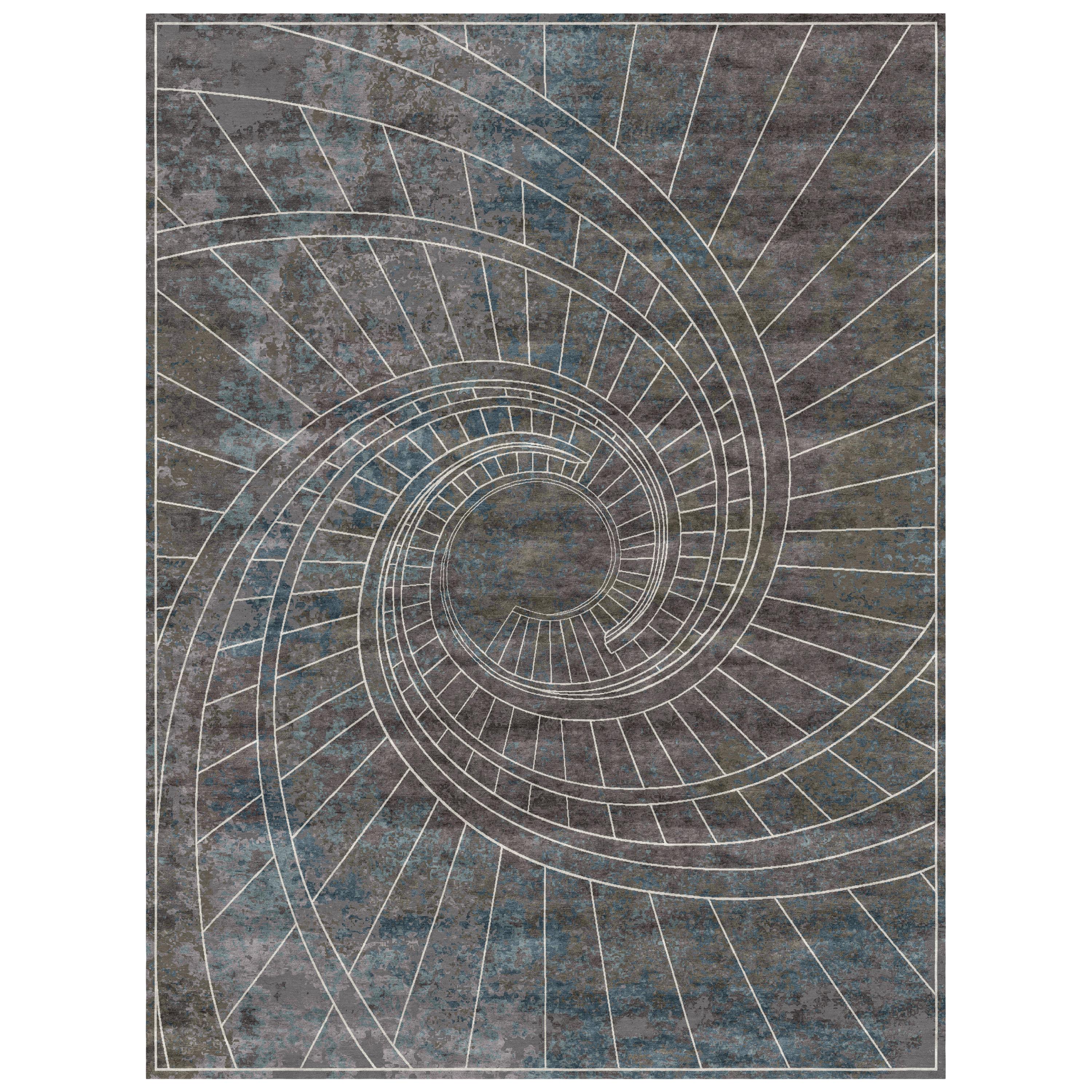 Geometric Contemporary Italian Grey Modern Wool Silk Rug - Firenze Blu Notte For Sale