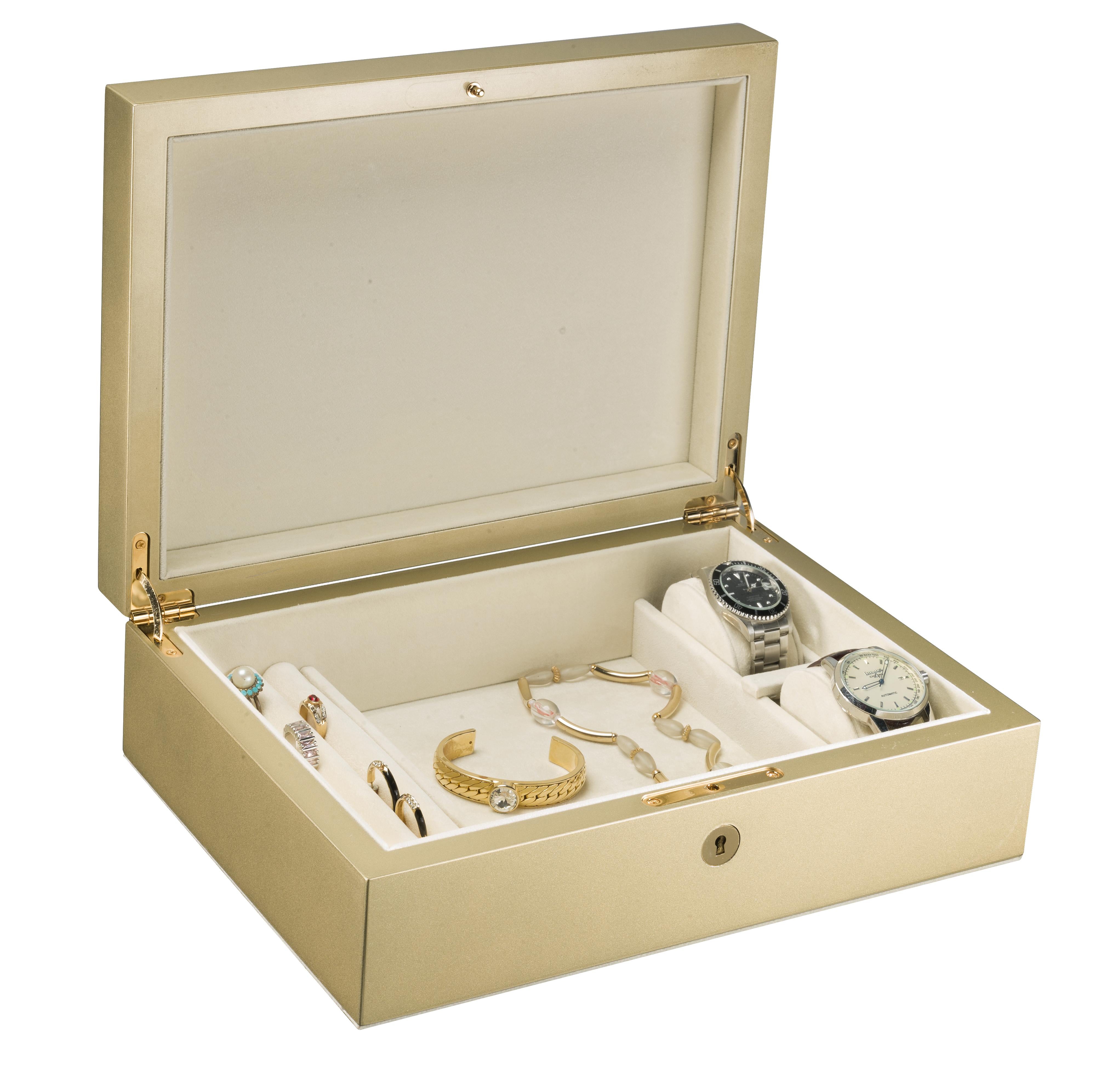 This jewelry box is part of the Firenze Collection of refined, wood-handcrafted objets d'art. Featured in a delicate champagne color enhanced with a polished polyester finish and gold-finished metal details, it will elegantly match any sophisticated