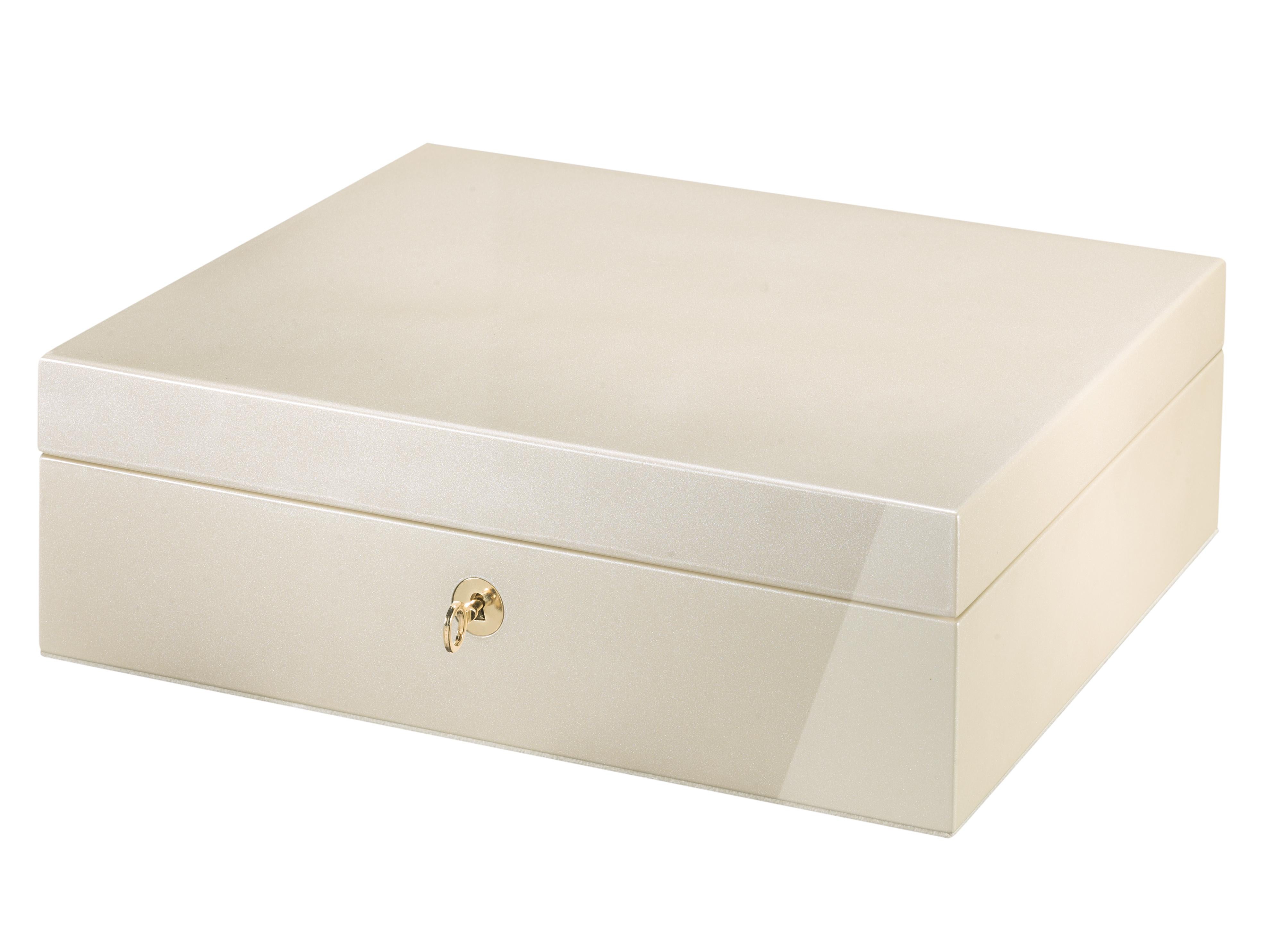 This jewelry box is part of the Firenze Collection of refined, wood-handcrafted objets d'art. Featured in a delicate mother-of-pearl color enhanced with a polished polyester finish and gold-finished metal details, it will elegantly match any