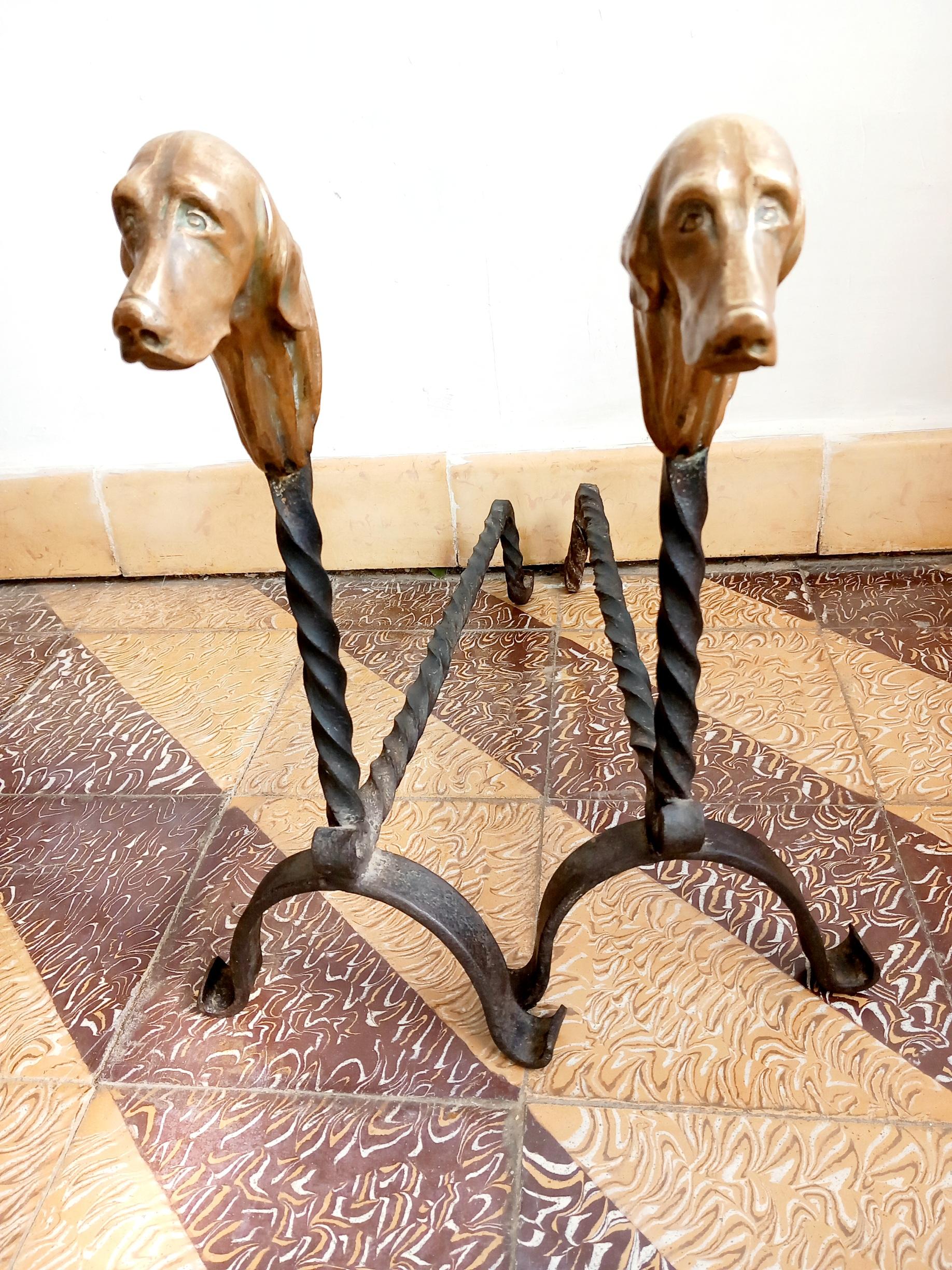 Andirons Dogs Fireplace in Bronze and Forged Iron Antique For Sale 8