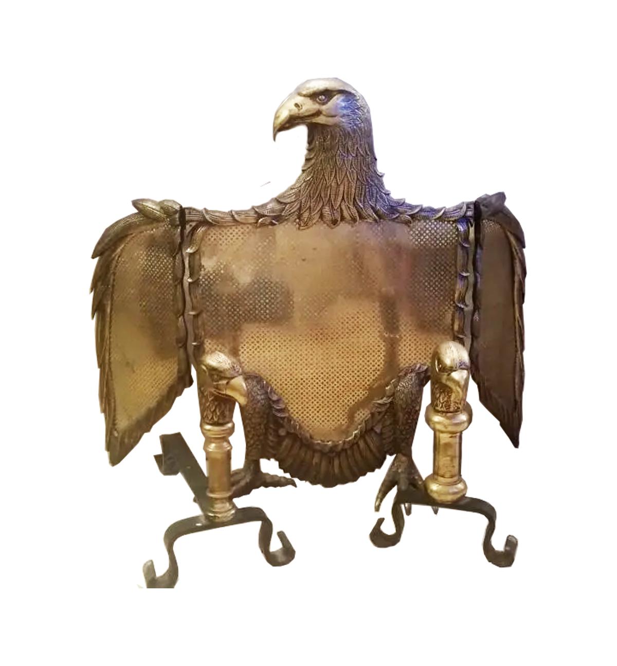 Spanish Fireplace Andirons Eagle Figure in Bronze  and Iron Spain Mid.20th Century For Sale