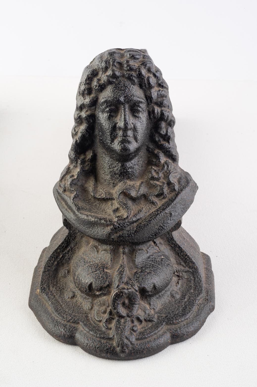 Ironstone Fireplace Andirons: Noble with Wig For Sale