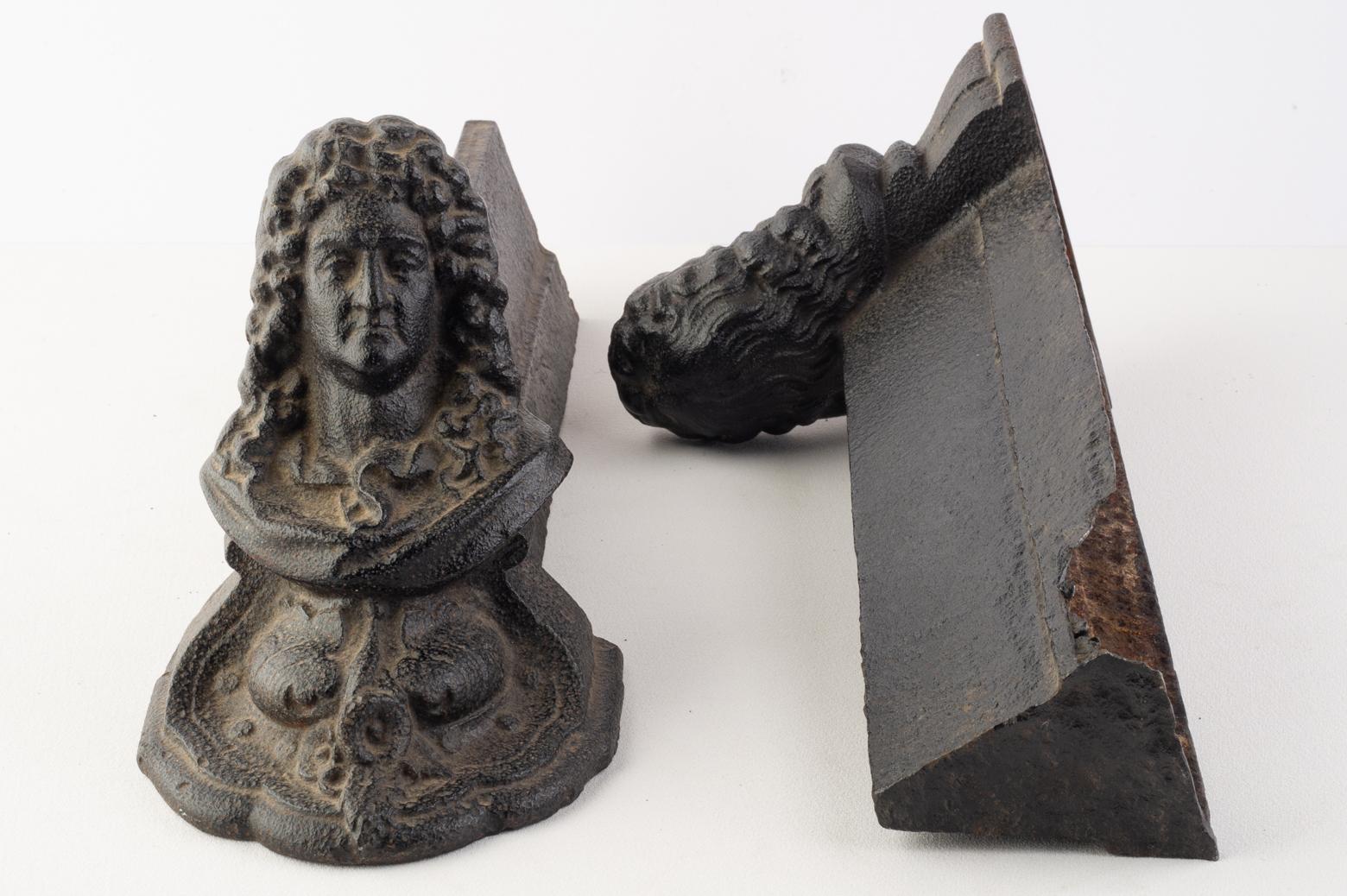 Cast Fireplace Andirons: Noble with Wig For Sale