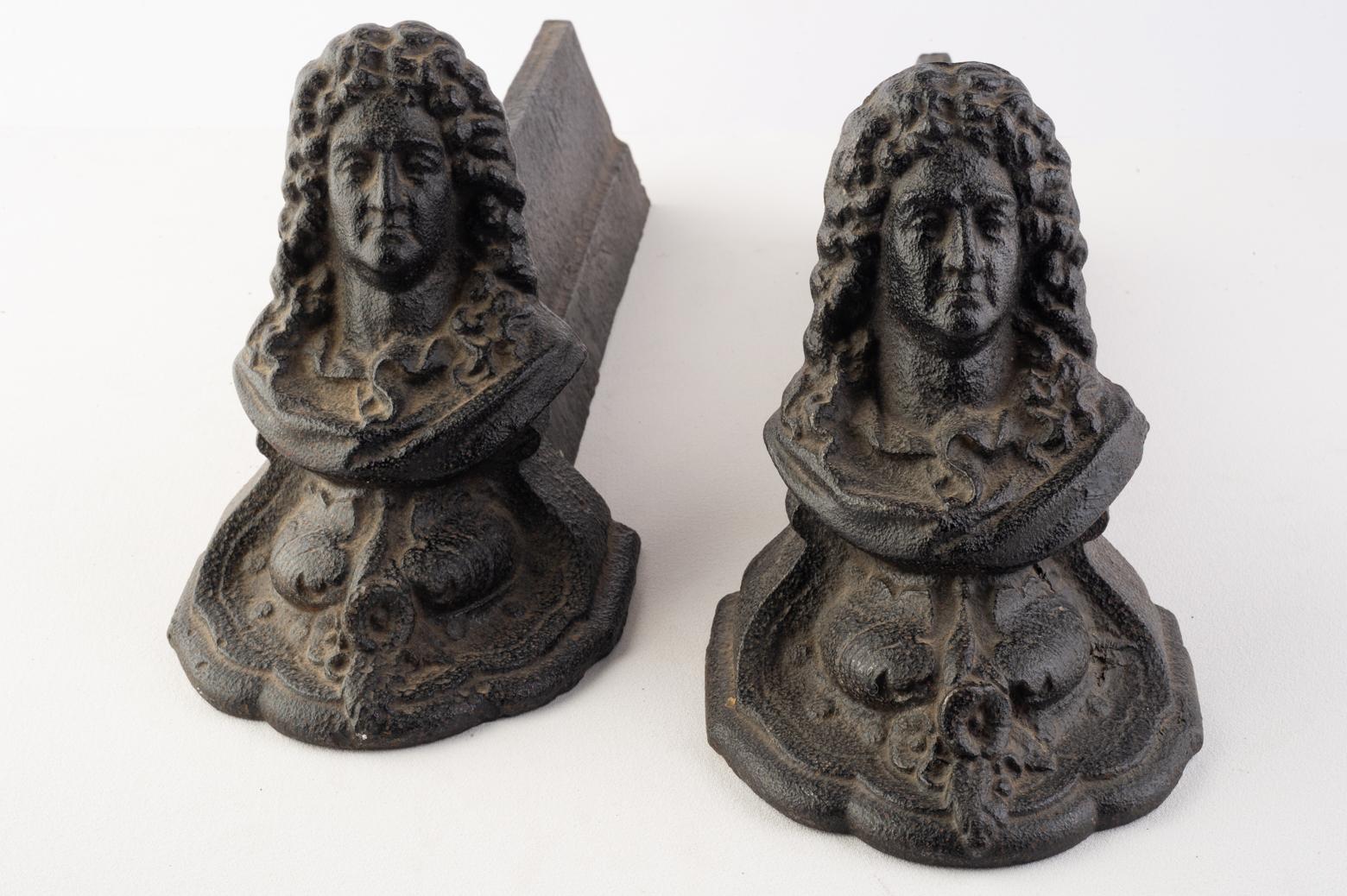 19th Century Fireplace Andirons: Noble with Wig For Sale