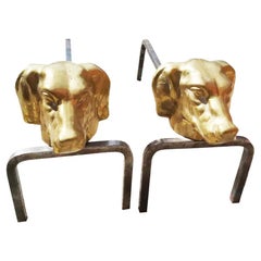 Antique Fireplace Andirons  Sacher Dog Figure in Bronze and Forged Iron