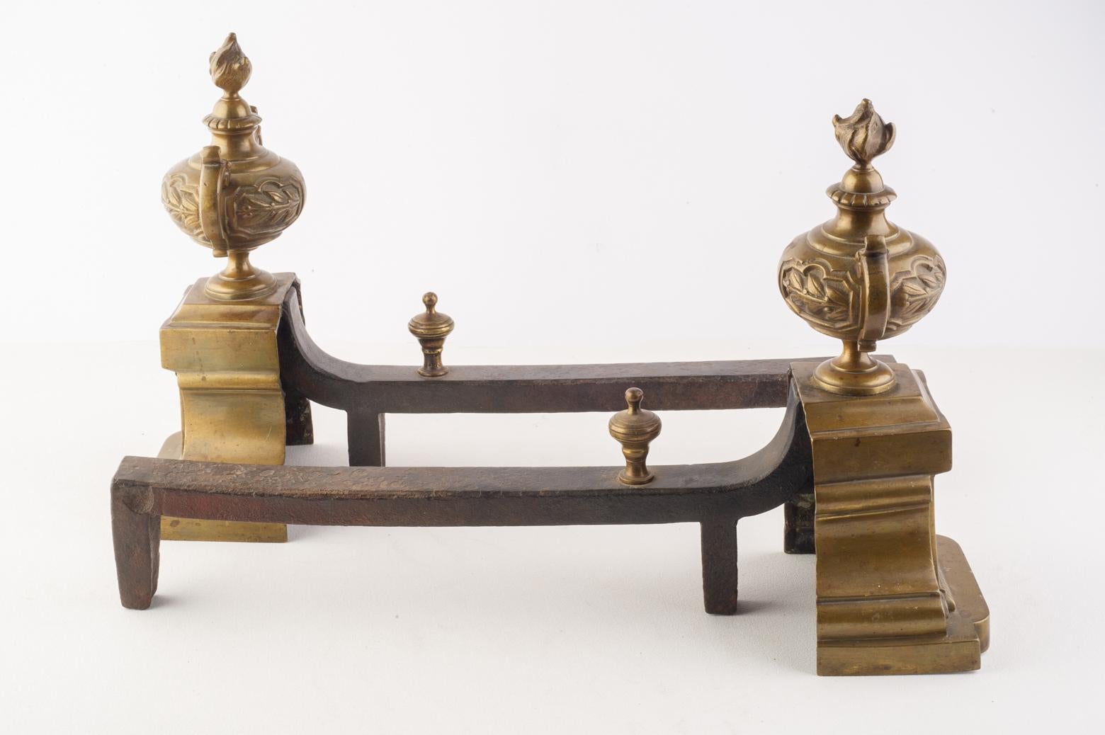 19th Century Fireplace Bronze Andirons with Amphoraes For Sale
