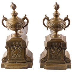 Antique Fireplace Bronze Andirons with Amphoraes