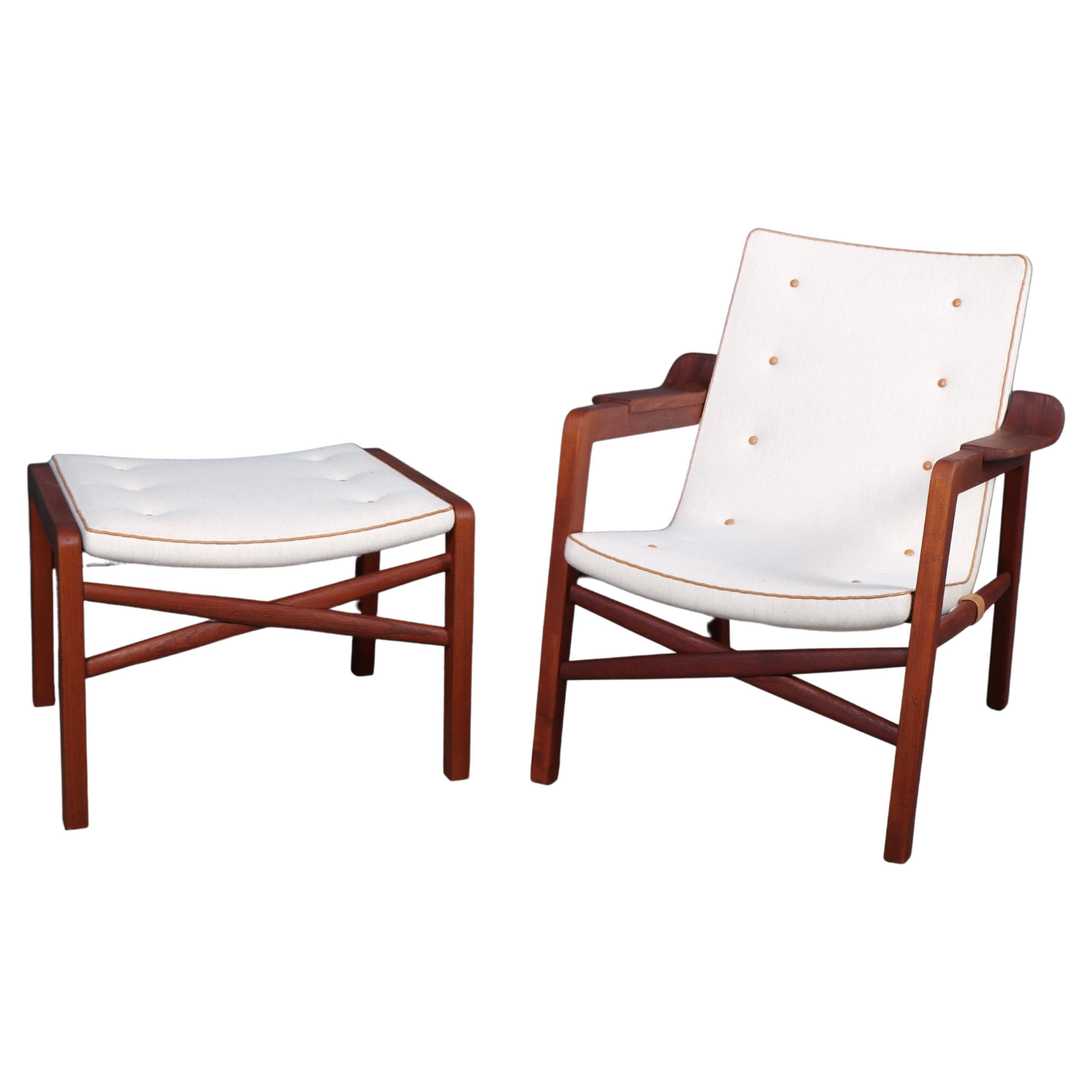 ”Fireplace Chair" with Matching Stool in Teak by Tove & Edvard Kindt Larsen For Sale