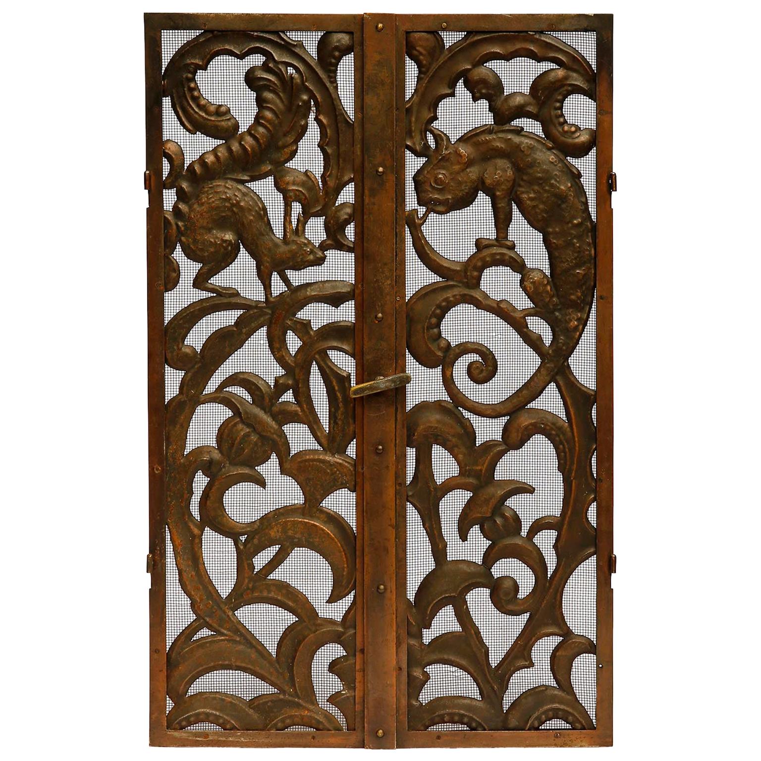 Fireplace Doors Fire Screen Guard, Metal Copper Brass, Austria, Jugendstil, 1900 For Sale