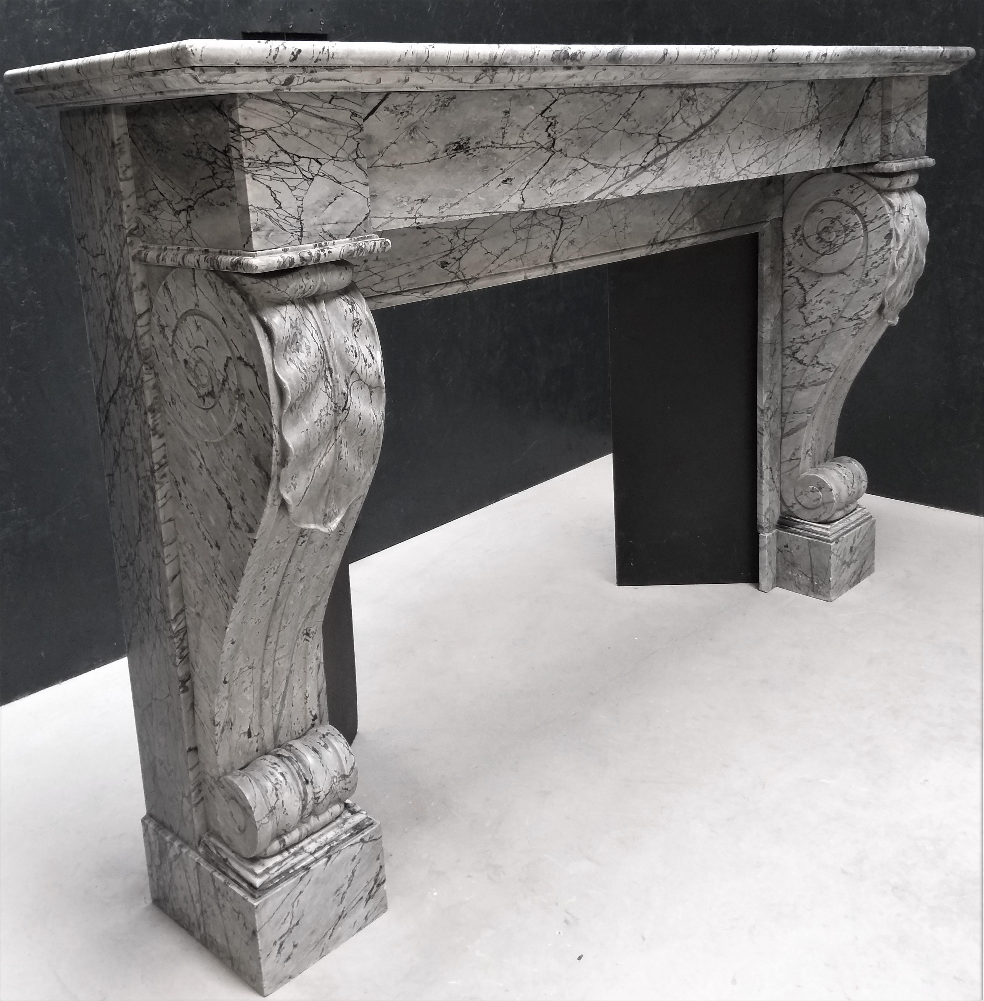 Marble Antique Fireplace Empire II, 'Acanthus' in Bleu Fleuri marble For Sale