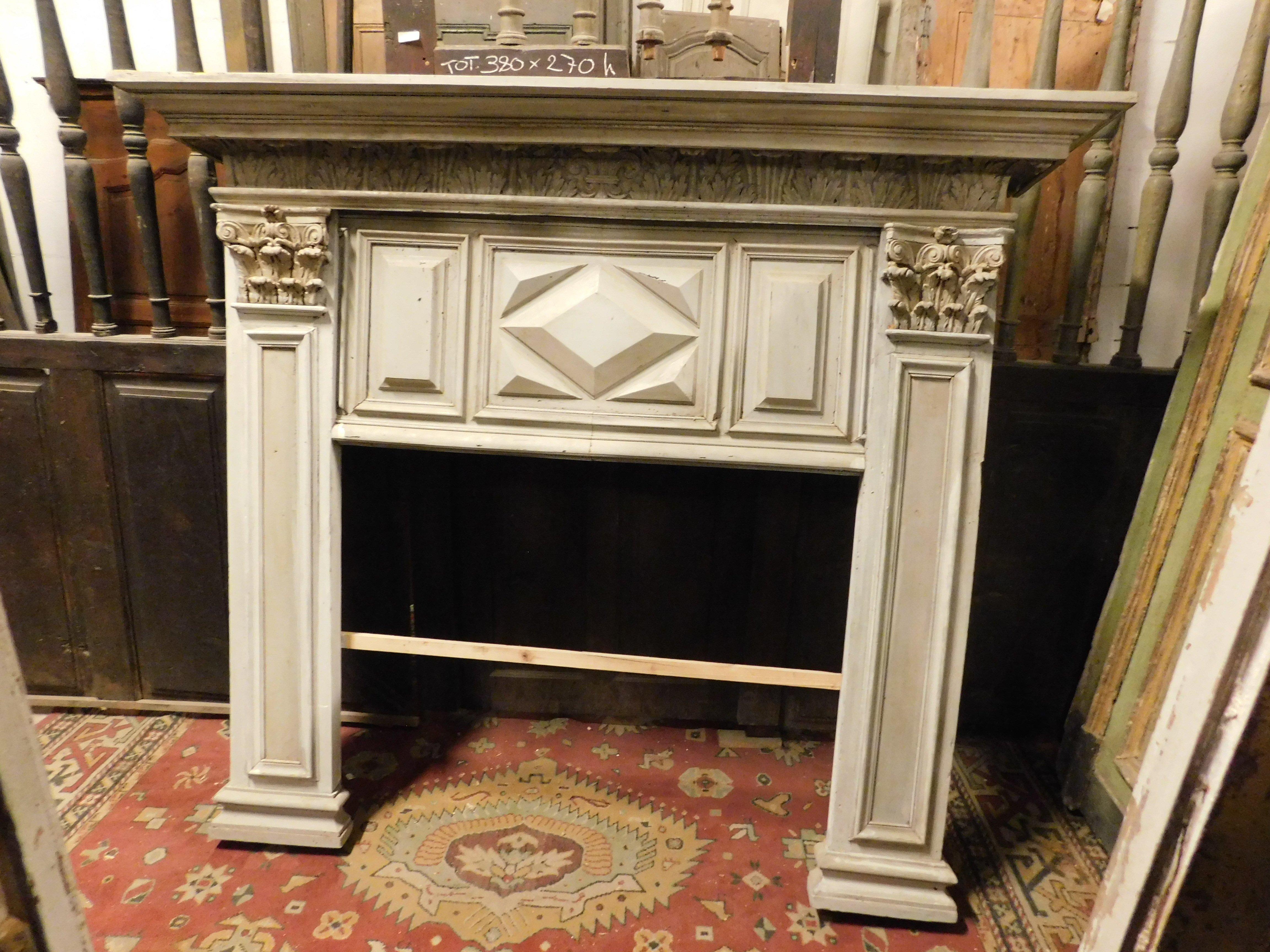 Italian Fireplace in gray lacquered wood with sculpted panels, Italy For Sale