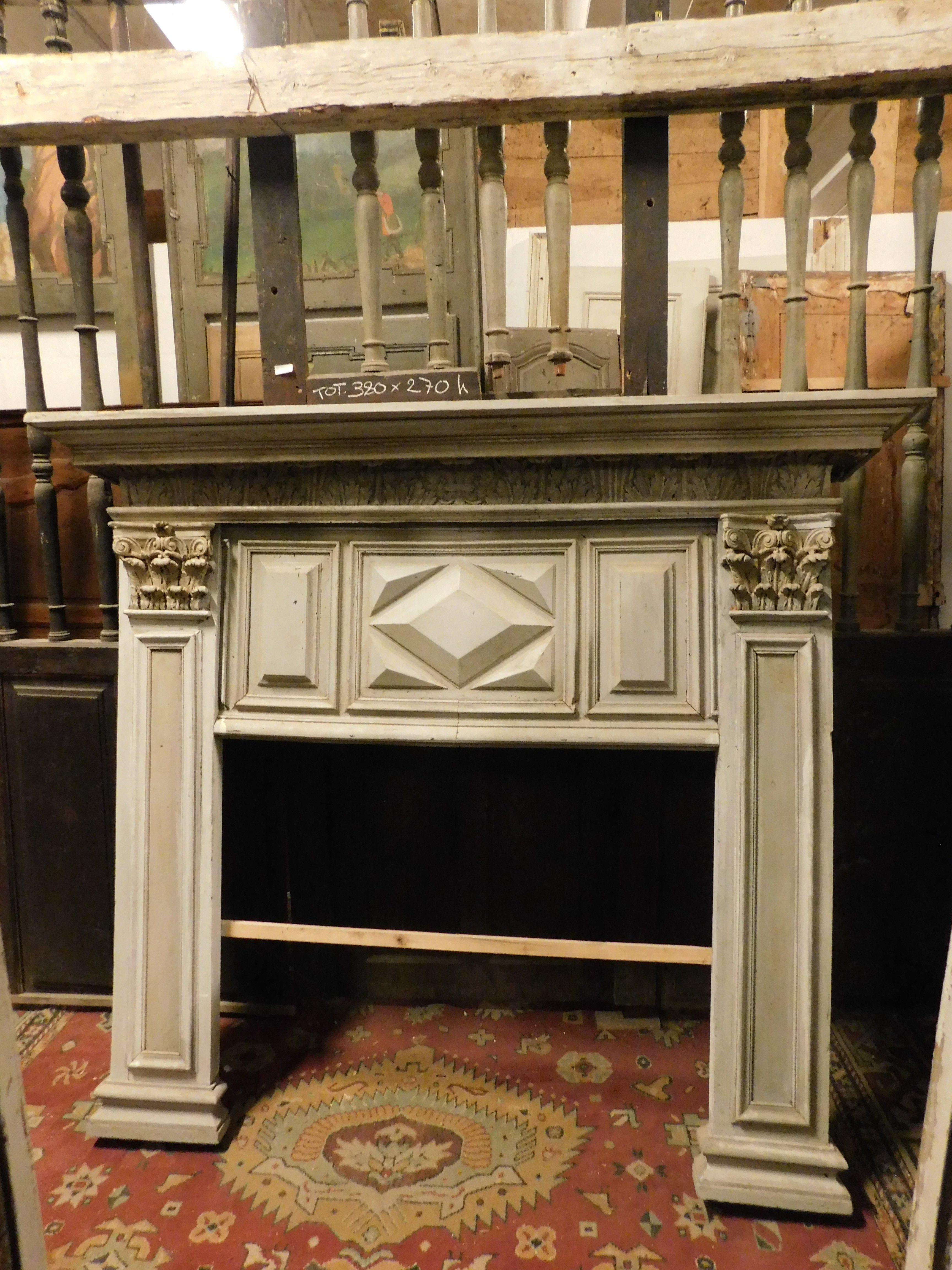 Hand-Carved Fireplace in gray lacquered wood with sculpted panels, Italy For Sale