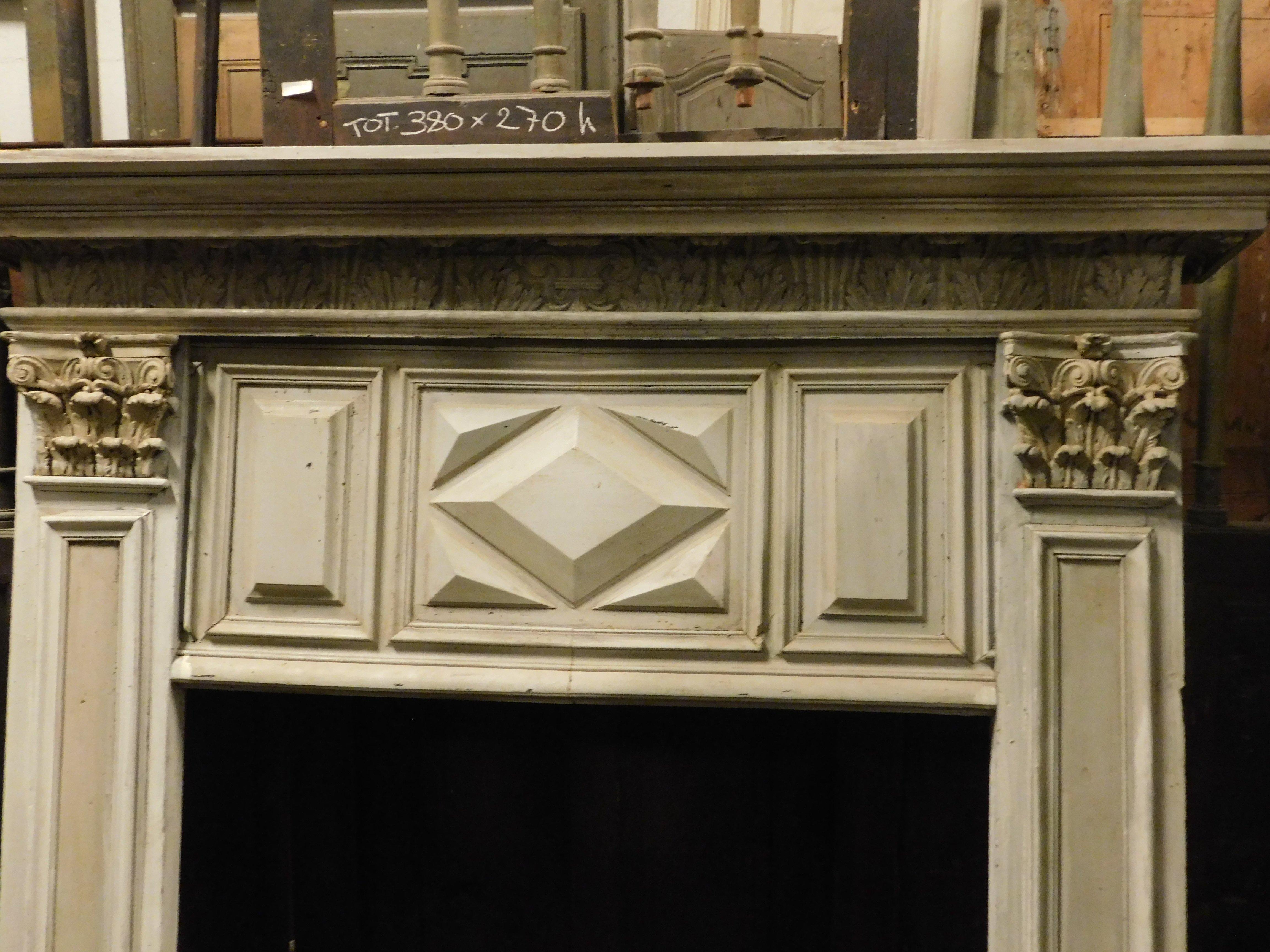 19th Century Fireplace in gray lacquered wood with sculpted panels, Italy For Sale