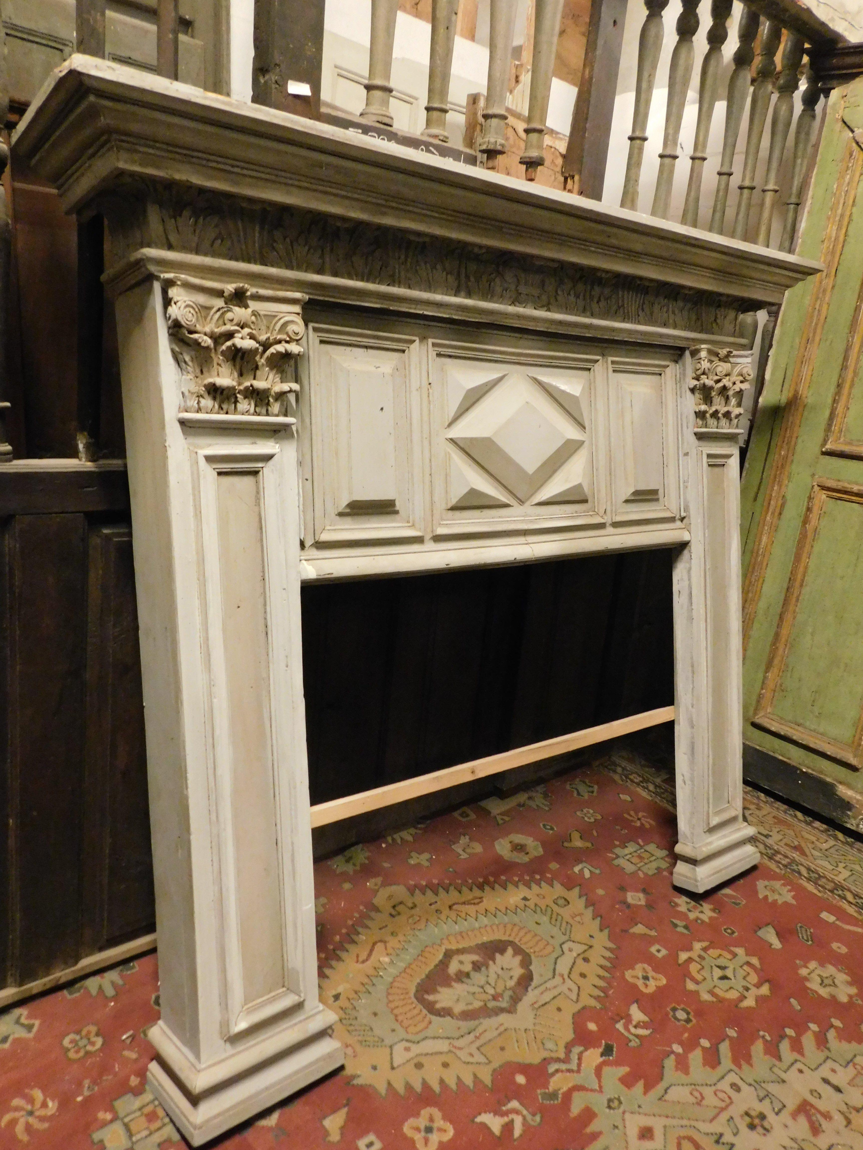 Poplar Fireplace in gray lacquered wood with sculpted panels, Italy For Sale