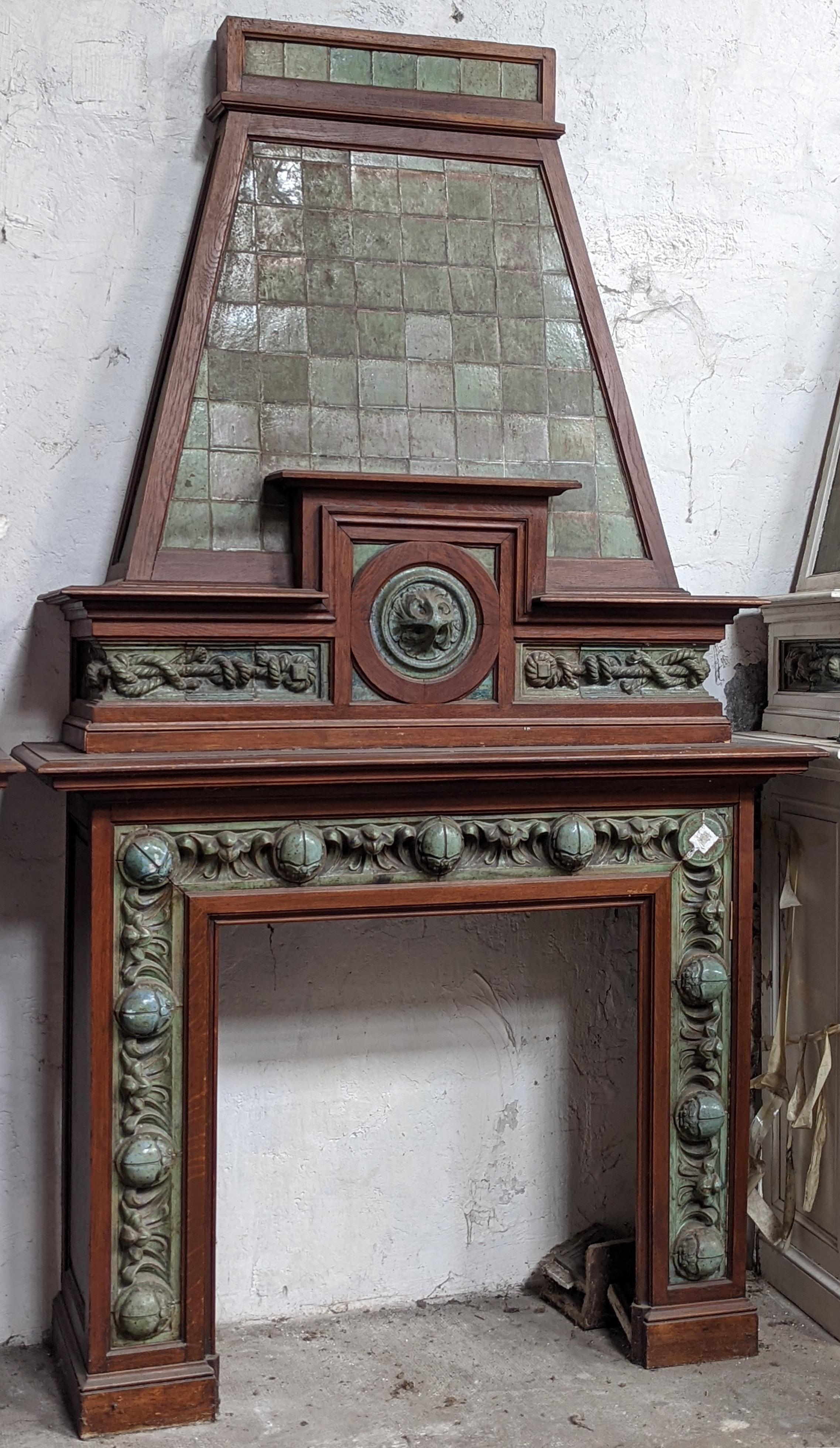 20th Century Fireplace in Oak and Green Sandstone, 1904
